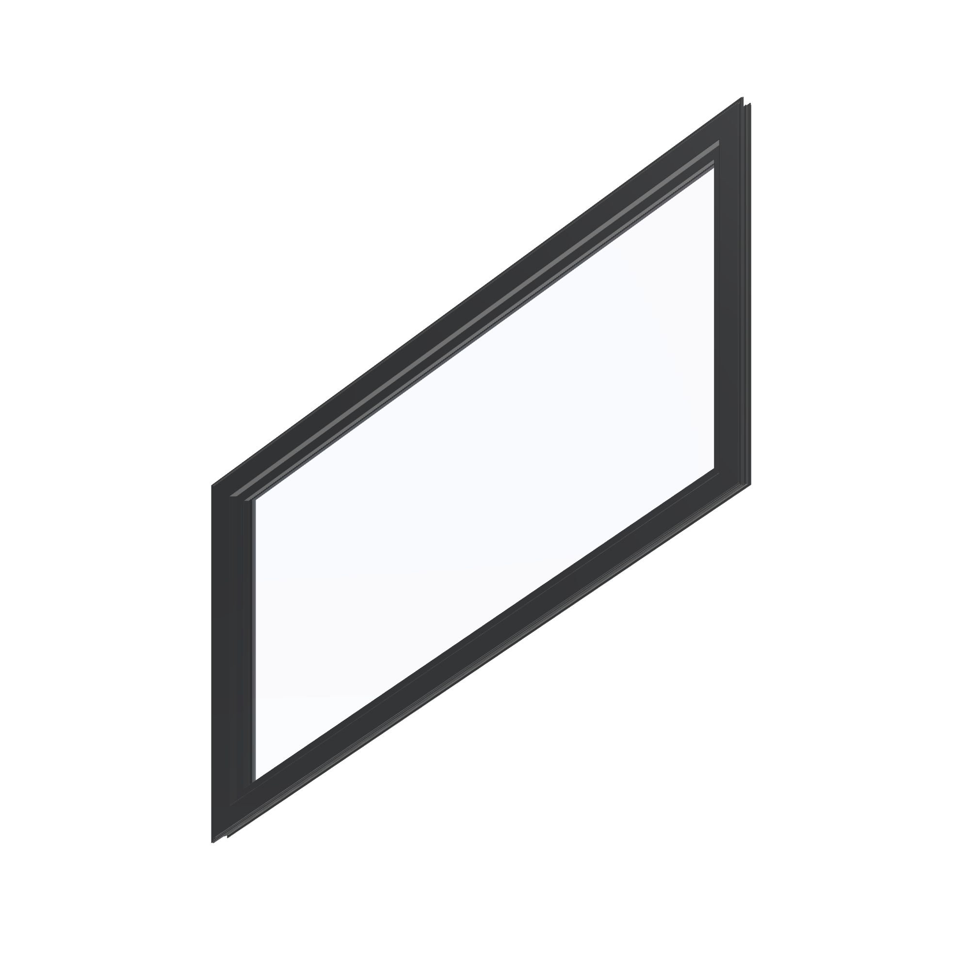 Angled interior view of the 36 × 48 inch parallelogram (right), black exterior / black interior, without nailing flange