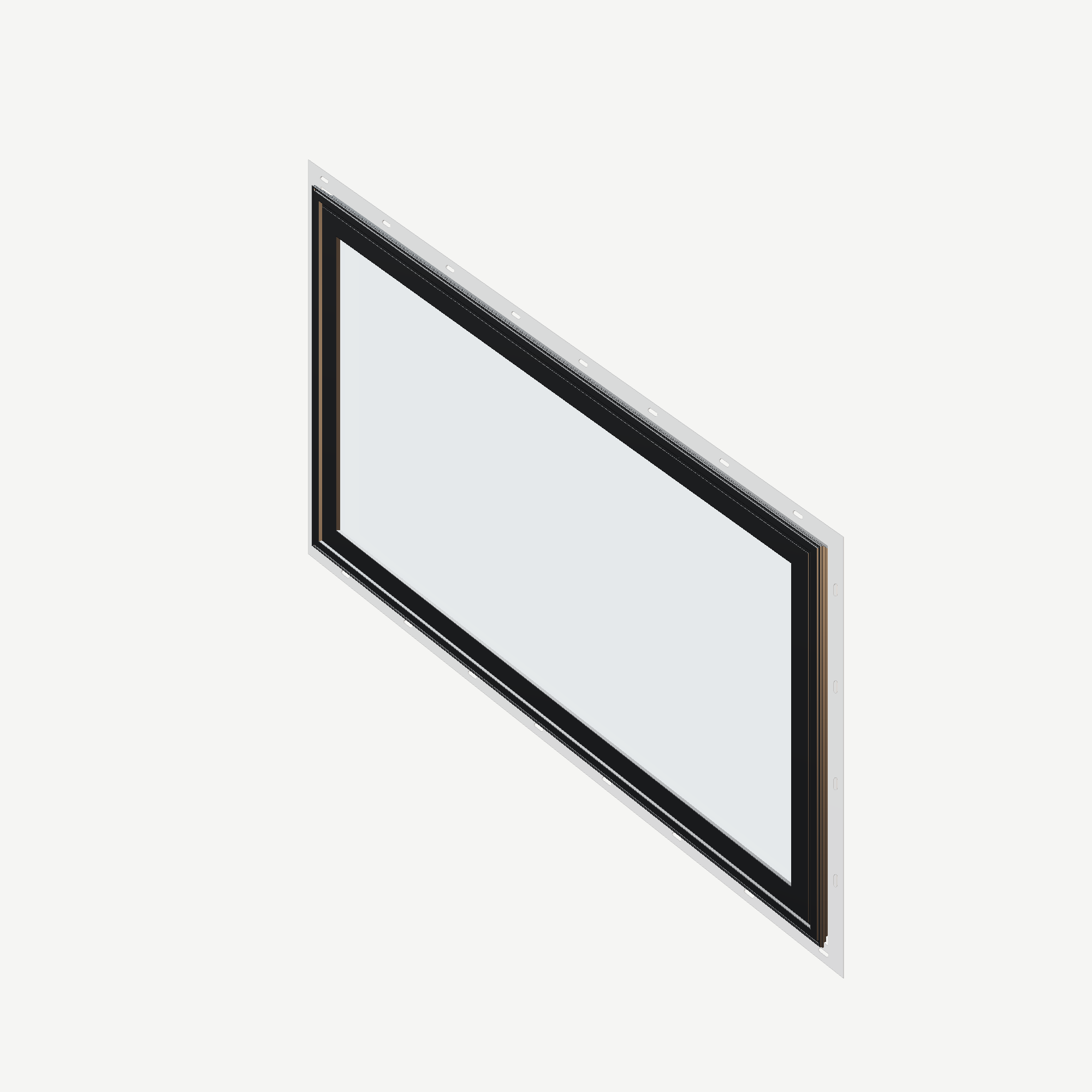 Angled exterior view of the 36 × 48 inch parallelogram (right), black exterior / white interior, with nailing flange