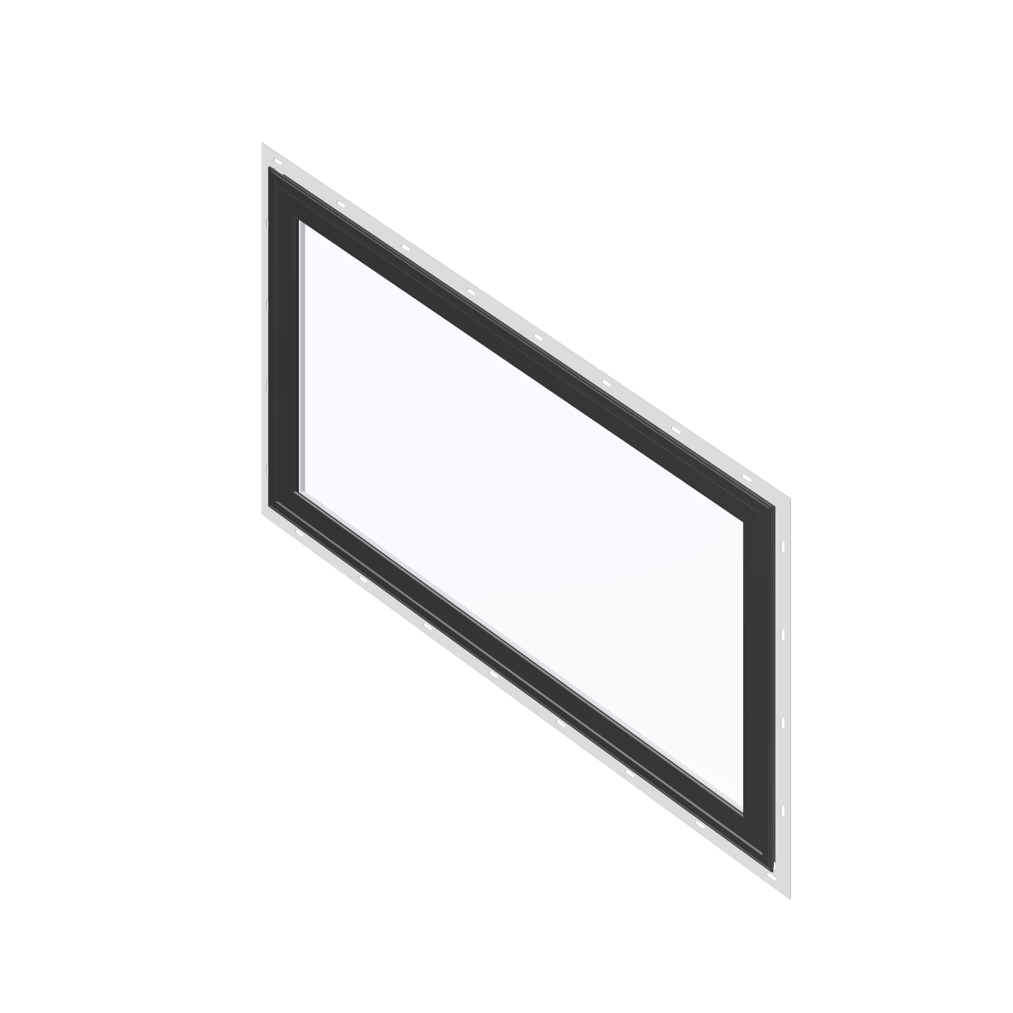 Angled exterior view of the 36 × 48 inch parallelogram (right), black exterior / white interior, with nailing flange