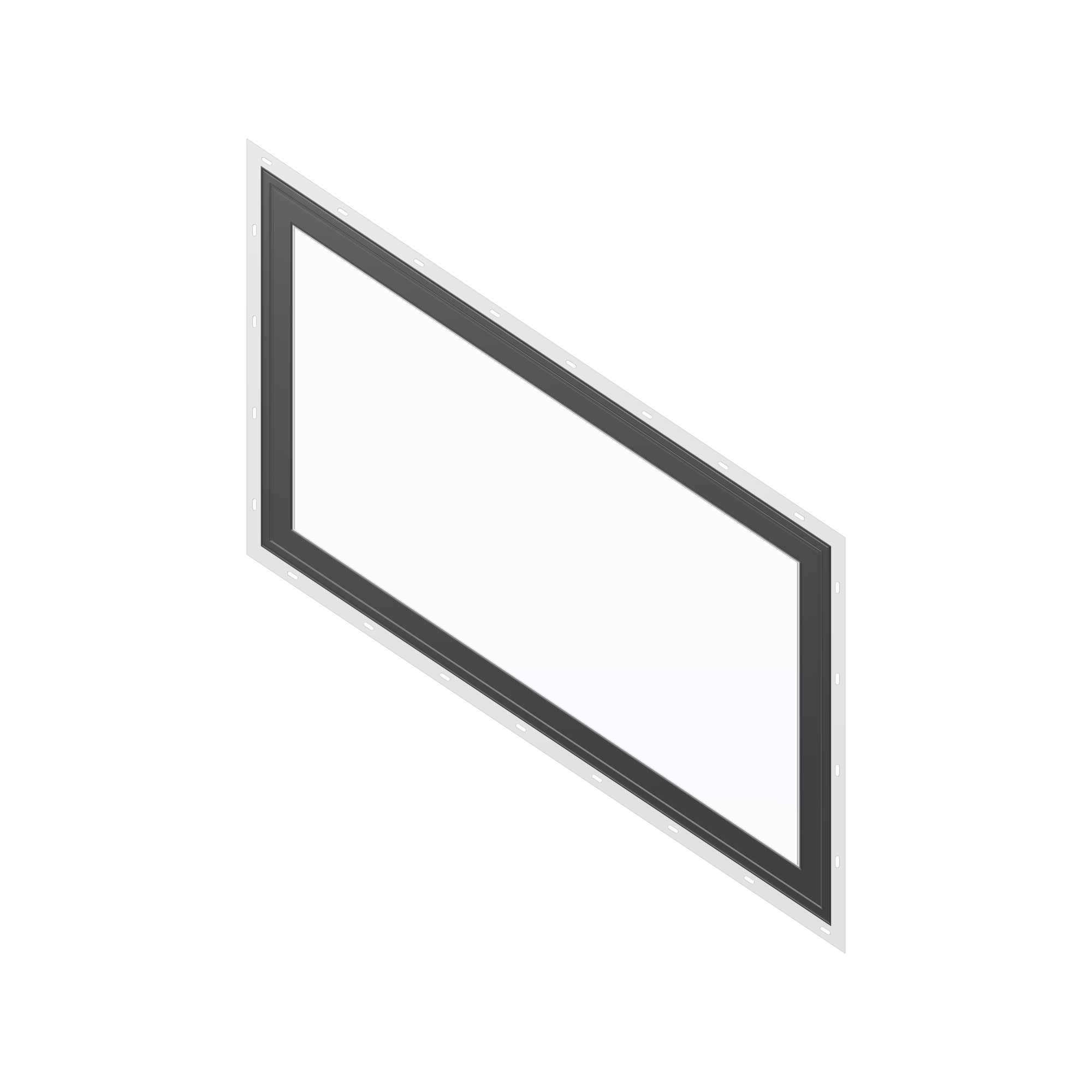 Straight exterior view of the 36 × 48 inch parallelogram (right), black exterior / white interior, with nailing flange