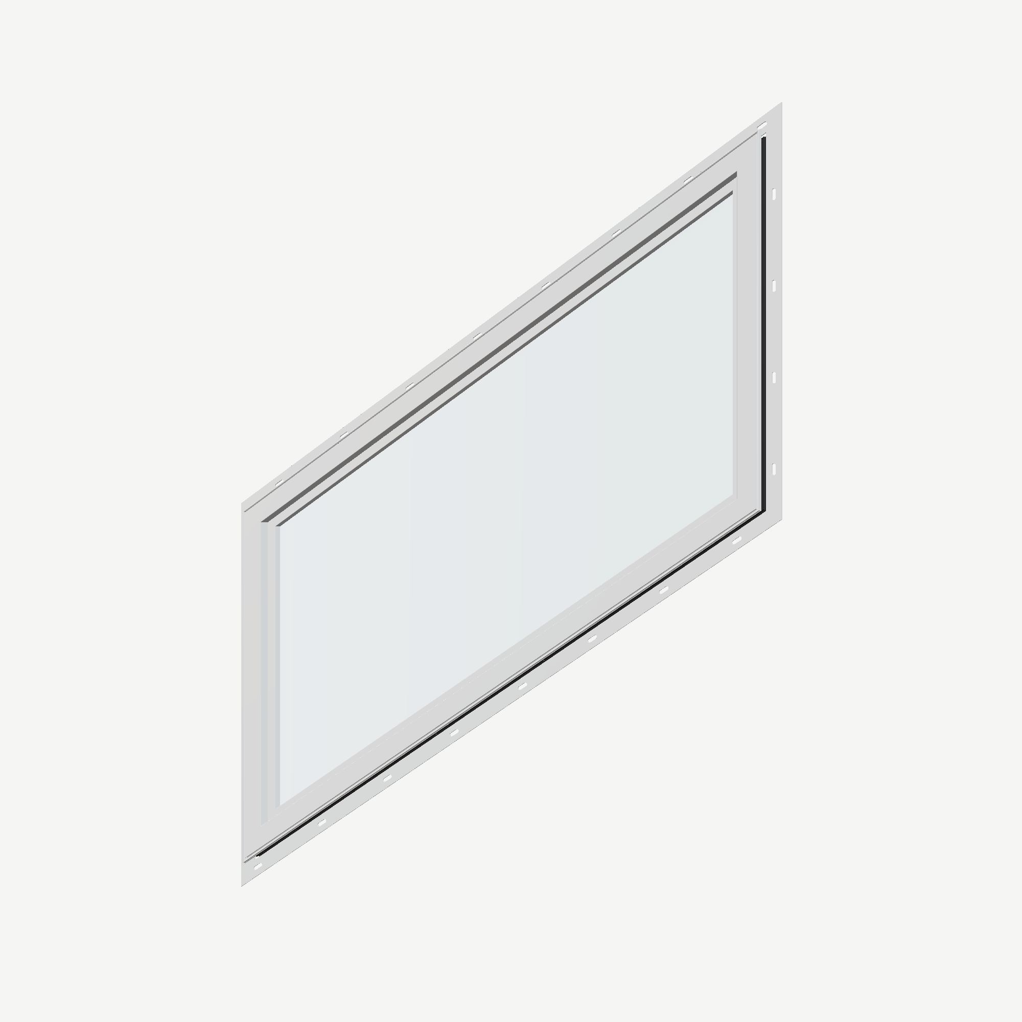 Angled interior view of the 36 × 48 inch parallelogram (right), black exterior / white interior, with nailing flange