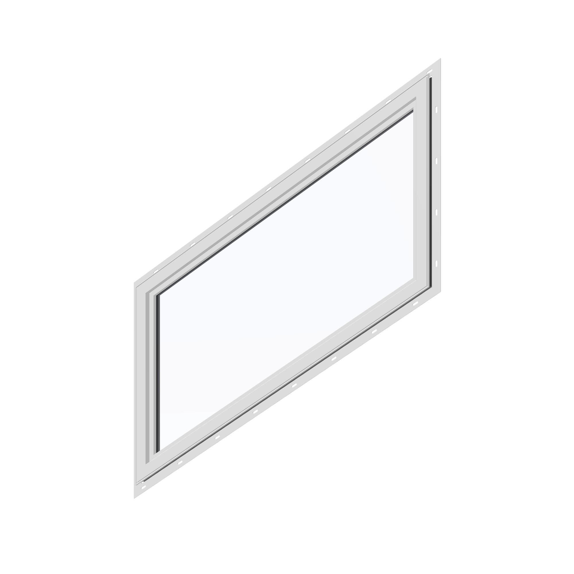 Angled interior view of the 36 × 48 inch parallelogram (right), black exterior / white interior, with nailing flange