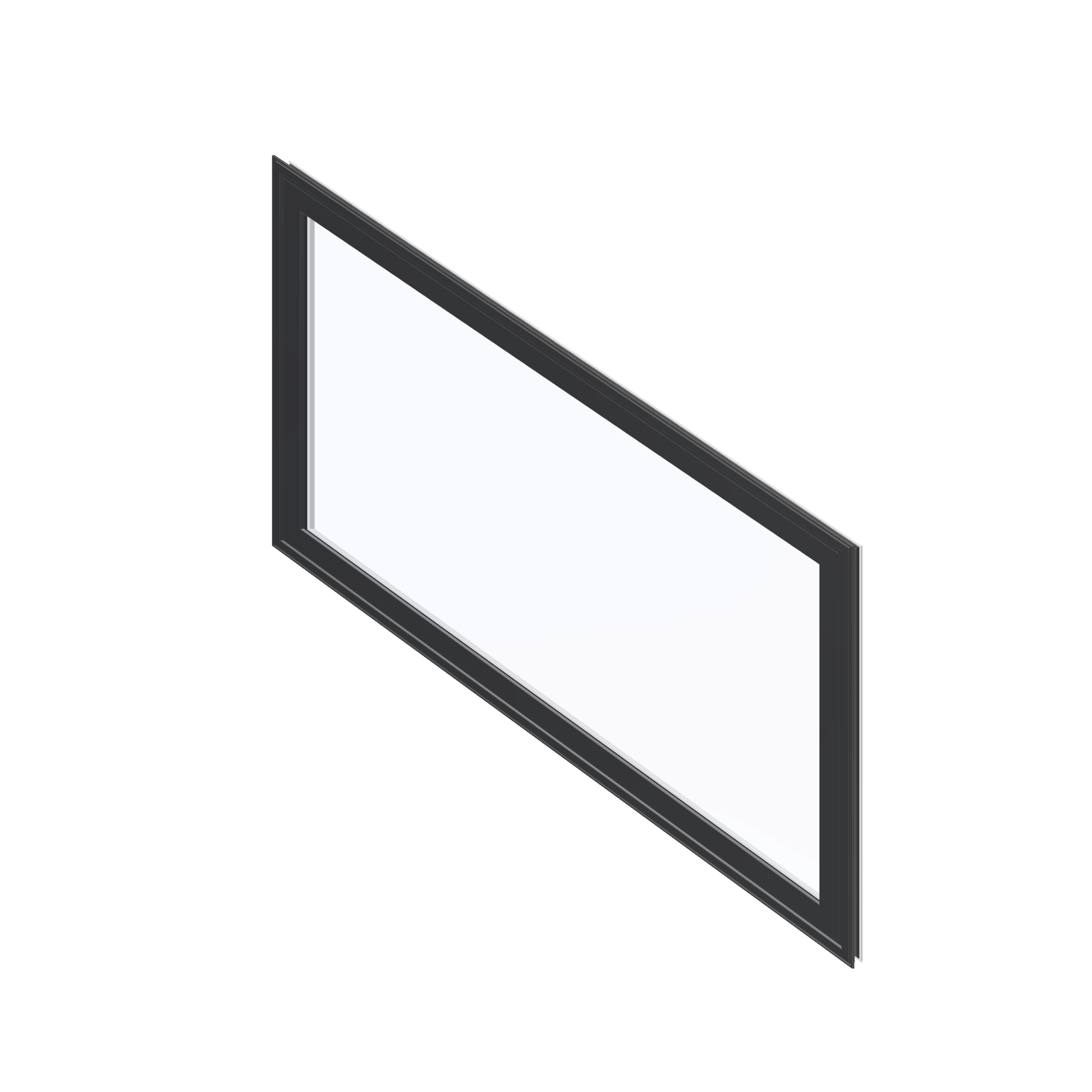 Angled exterior view of the 36 × 48 inch parallelogram (right), black exterior / white interior, without nailing flange