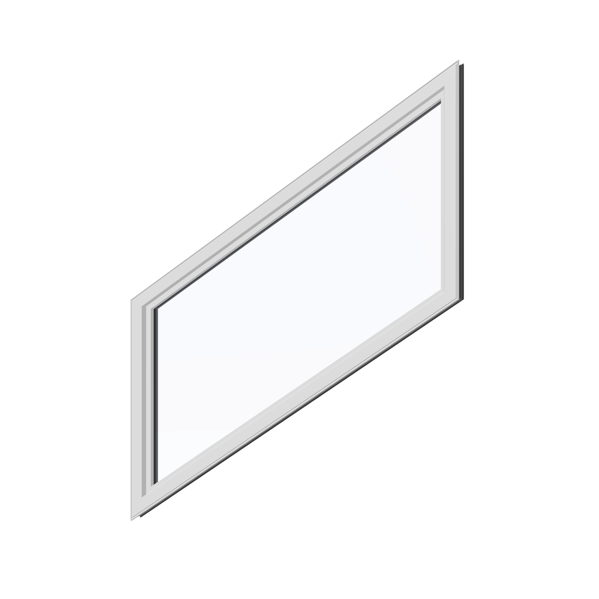 Angled interior view of the 36 × 48 inch parallelogram (right), black exterior / white interior, without nailing flange