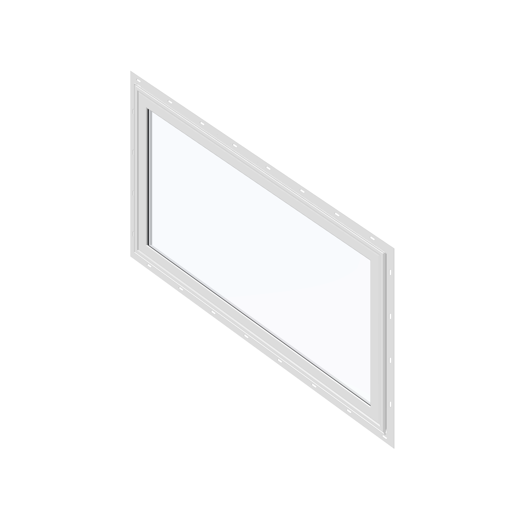 Angled exterior view of the 36 × 48 inch parallelogram (right), white exterior / white interior, with nailing flange