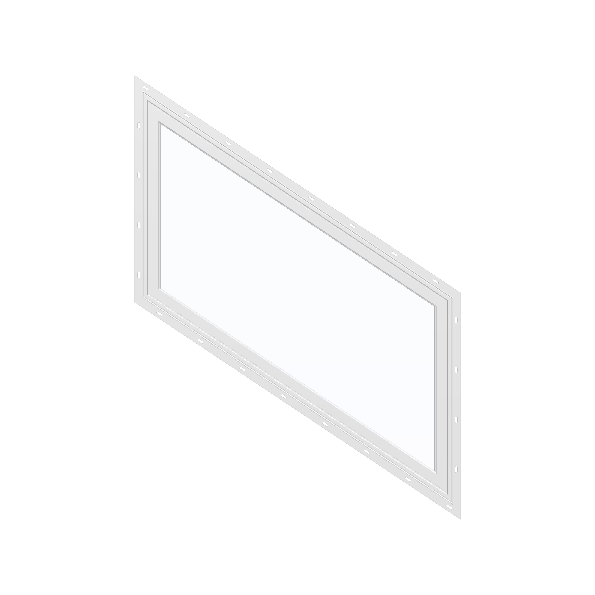 Straight exterior view of the 36 × 48 inch parallelogram (right), white exterior / white interior, with nailing flange