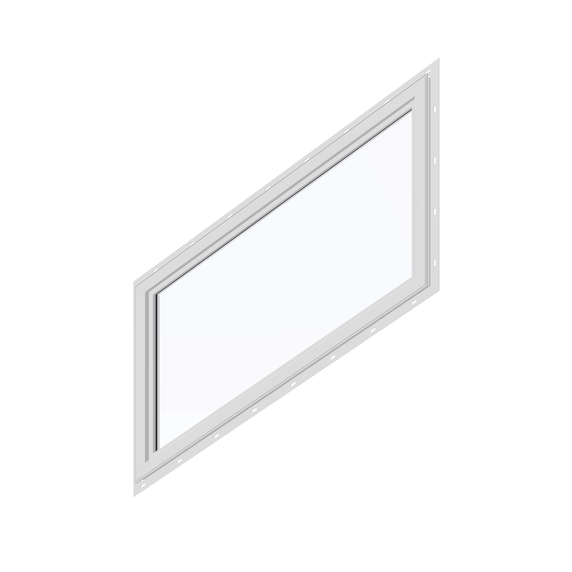 Angled interior view of the 36 × 48 inch parallelogram (right), white exterior / white interior, with nailing flange