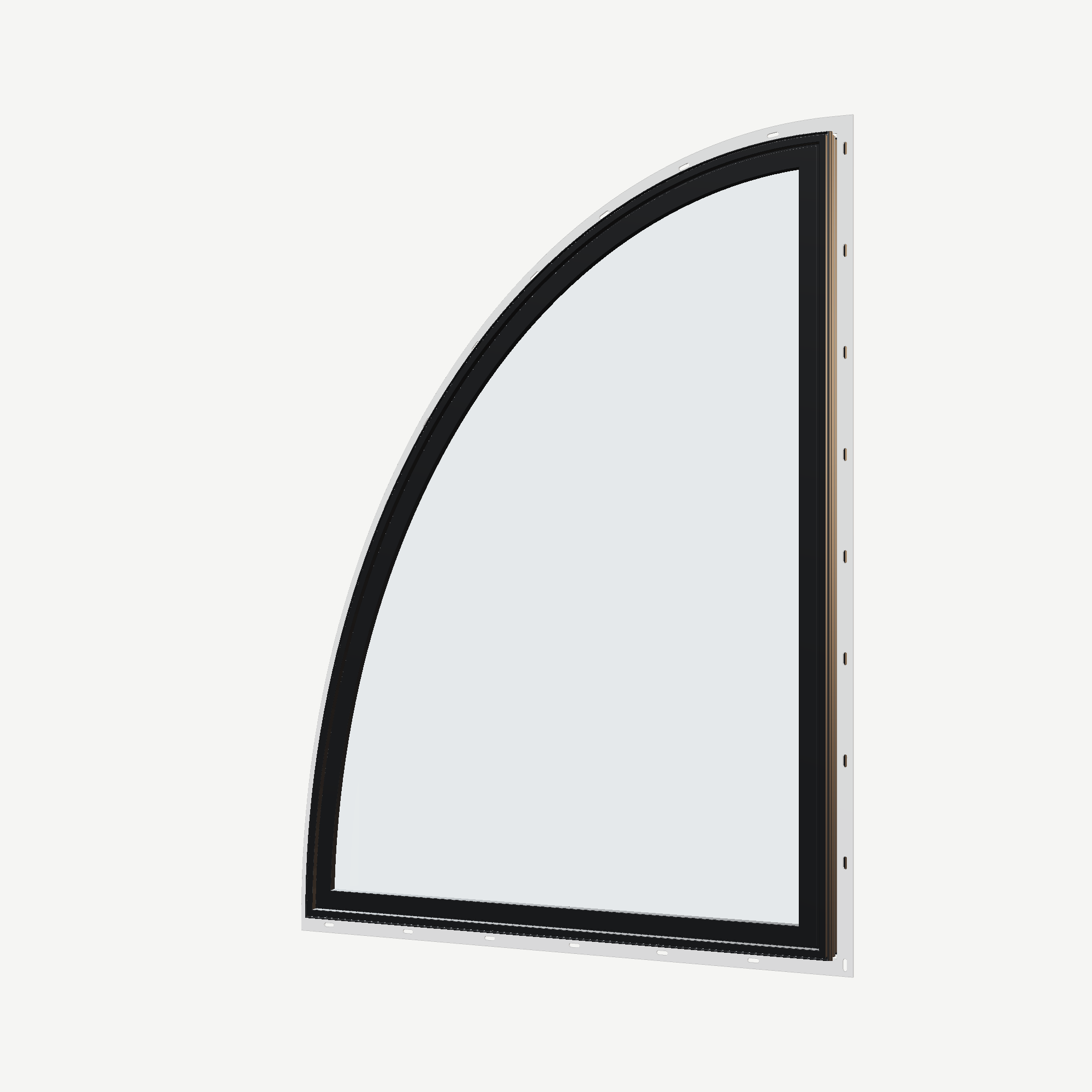 Angled exterior view of the 36 × 48 inch partial ellipse (left), black exterior / black interior, with nailing flange