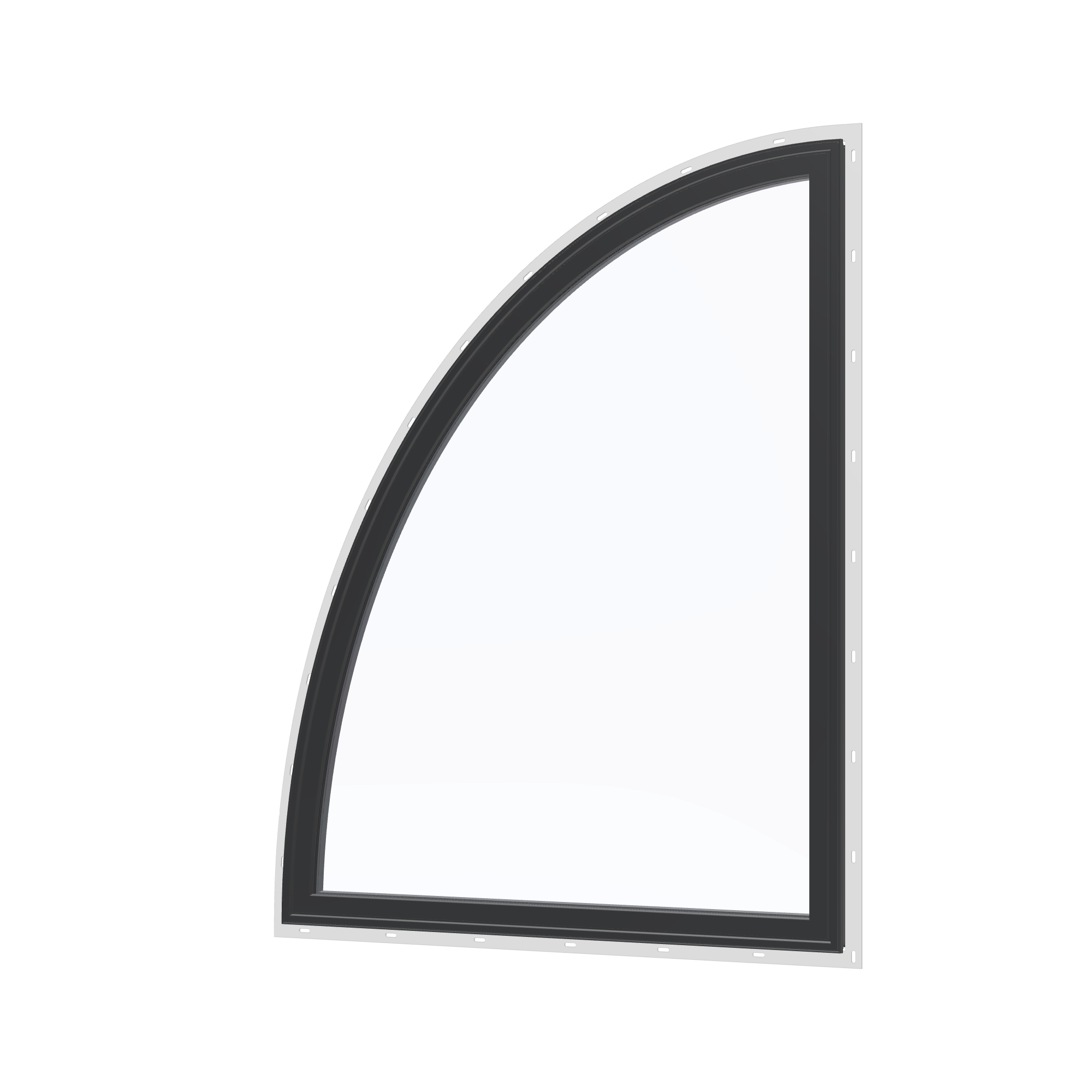Angled exterior view of the 36 × 48 inch partial ellipse (left), black exterior / black interior, with nailing flange