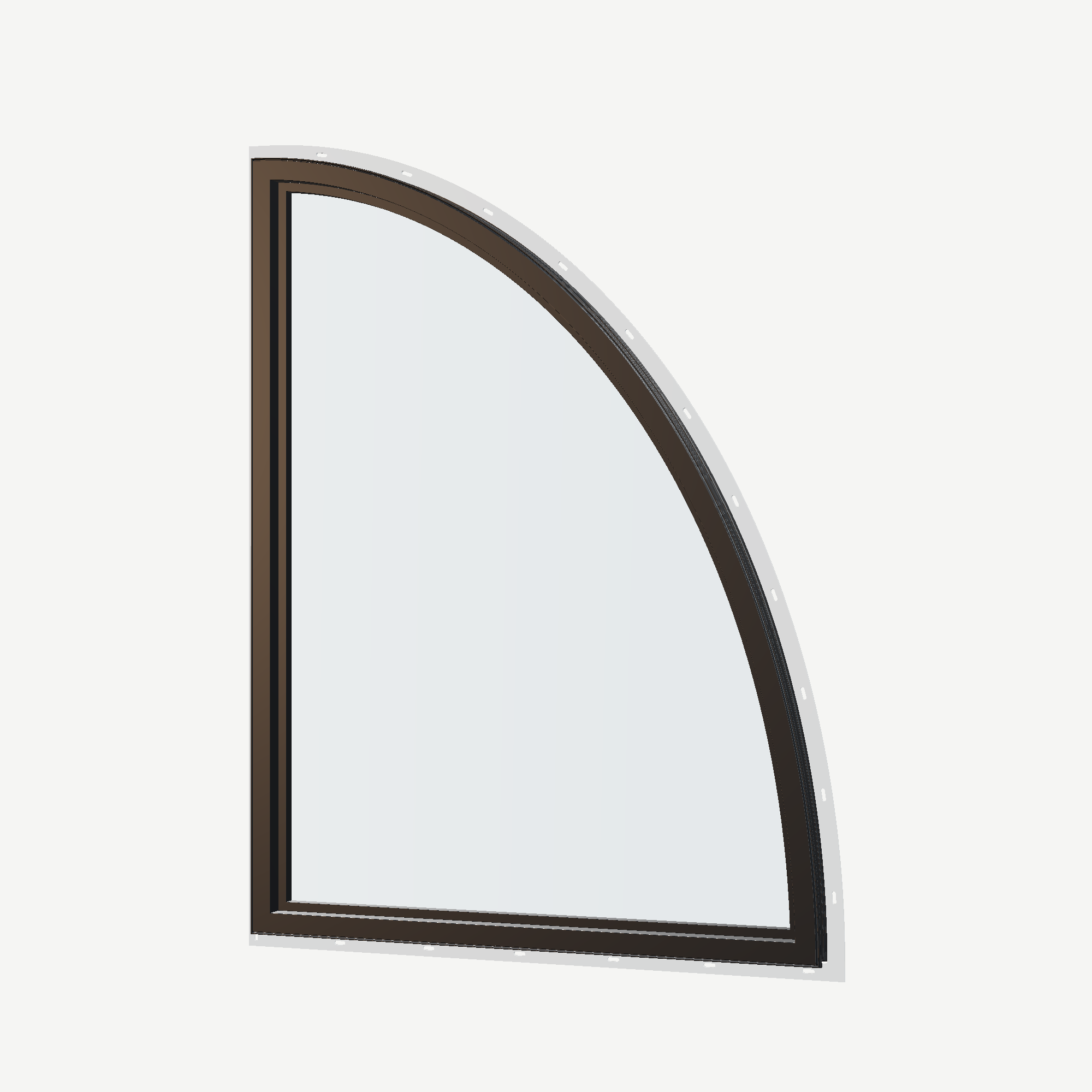 Angled interior view of the 36 × 48 inch partial ellipse (left), black exterior / black interior, with nailing flange