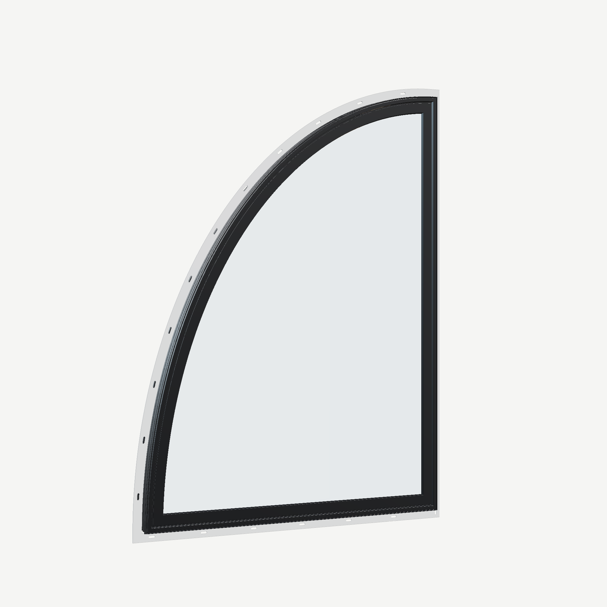Opposite exterior angle of the 36 × 48 inch partial ellipse (left), black exterior / black interior, with nailing flange