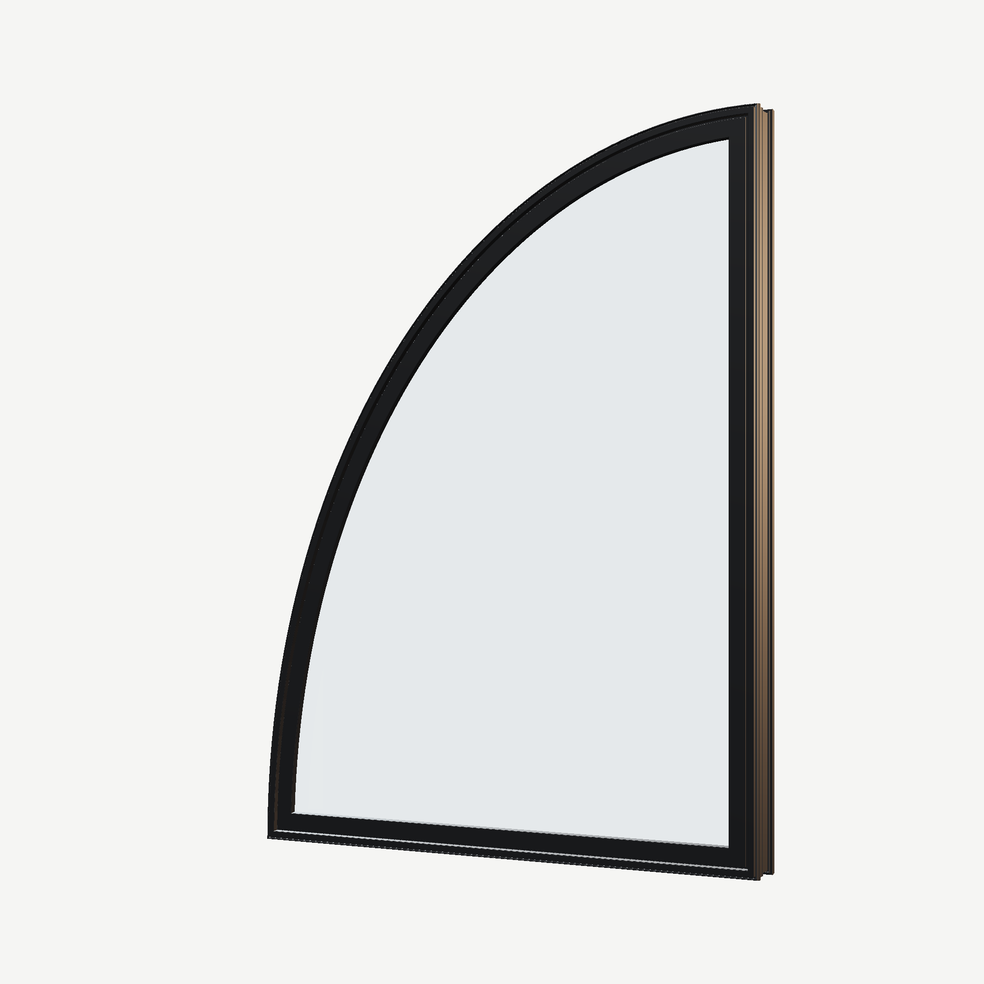 Angled exterior view of the 36 × 48 inch partial ellipse (left), black exterior / black interior, without nailing flange