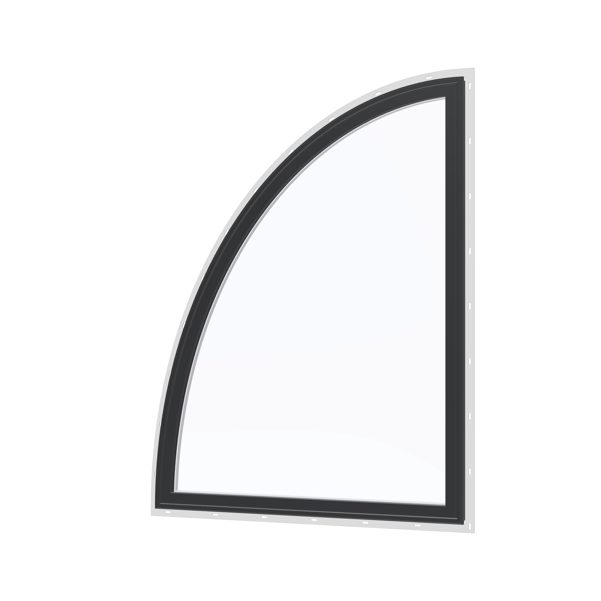 Angled exterior view of the 36 × 48 inch partial ellipse (left), black exterior / white interior, with nailing flange