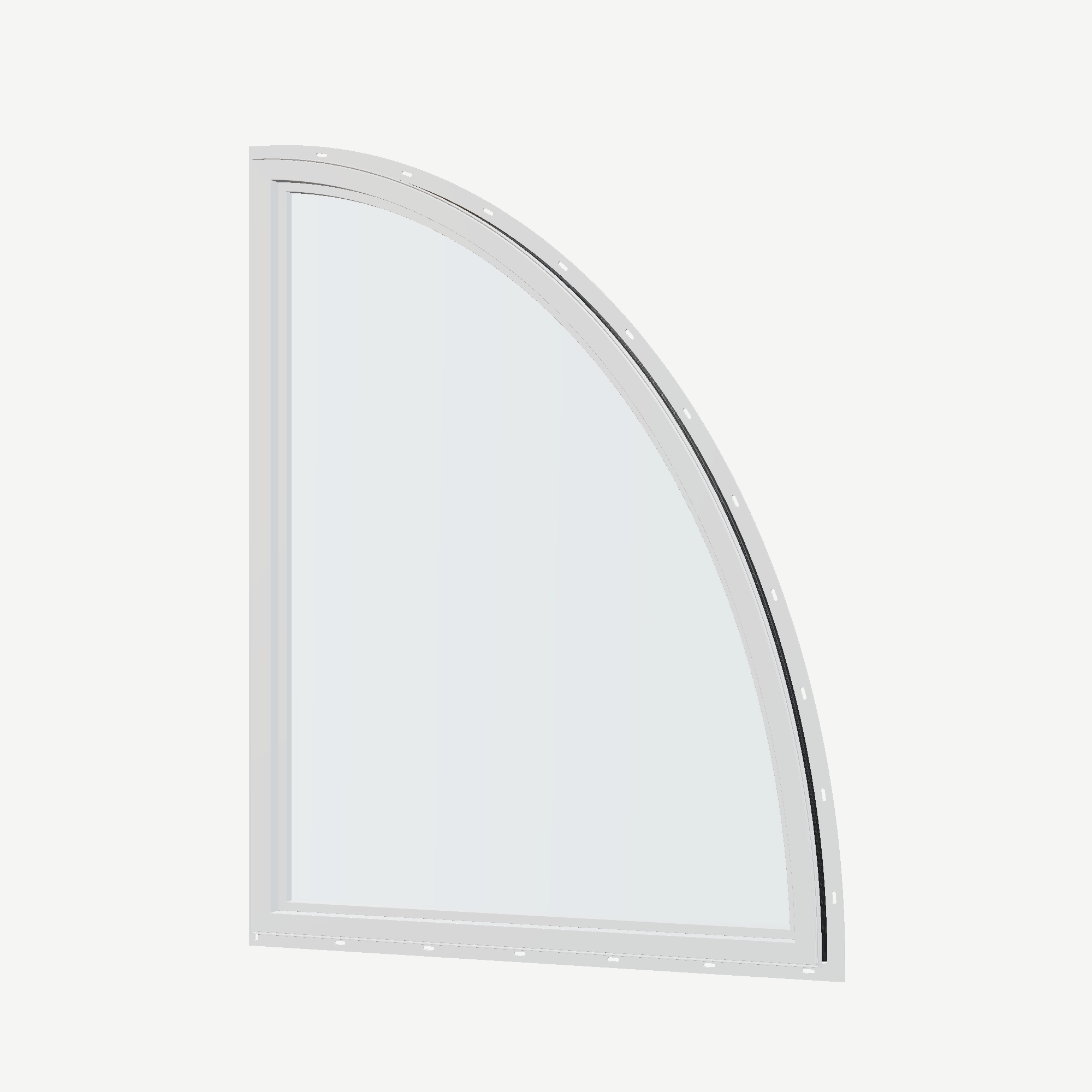 Angled interior view of the 36 × 48 inch partial ellipse (left), black exterior / white interior, with nailing flange
