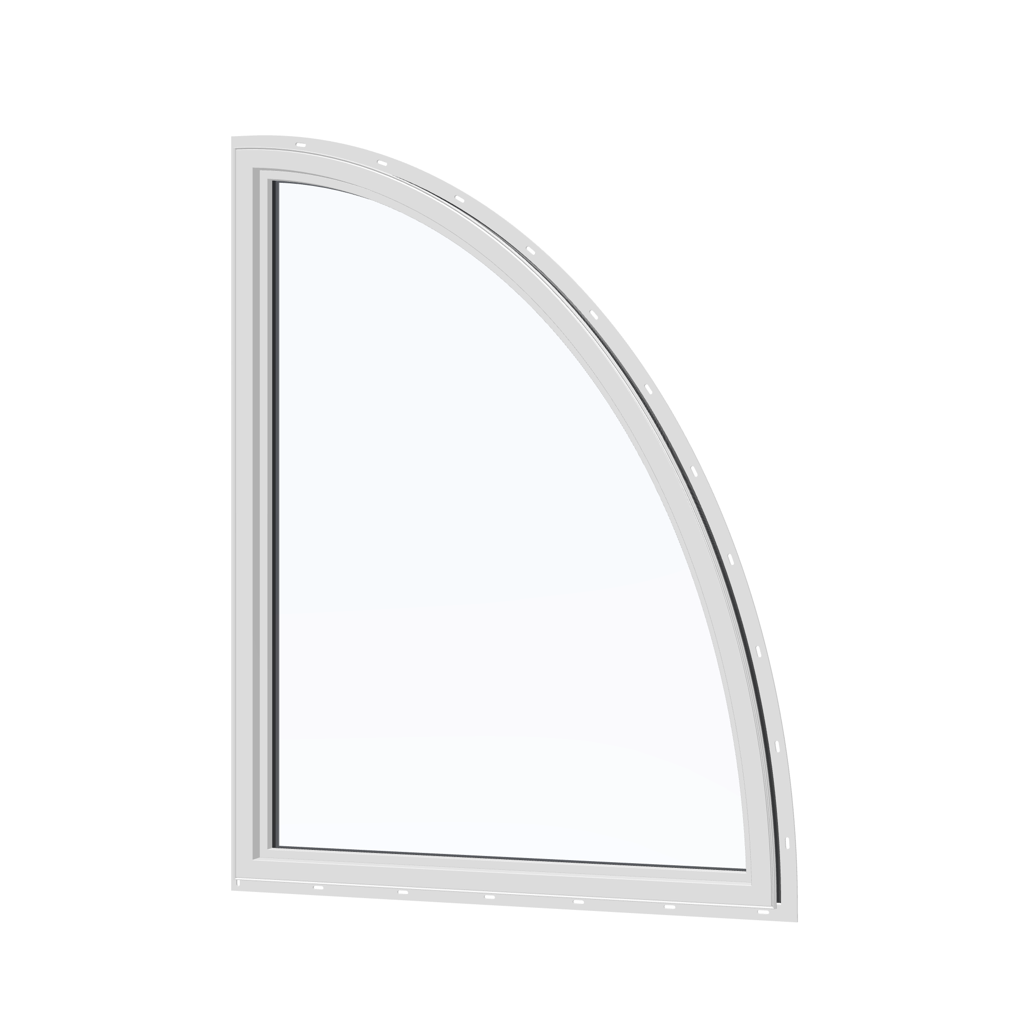 Angled interior view of the 36 × 48 inch partial ellipse (left), black exterior / white interior, with nailing flange