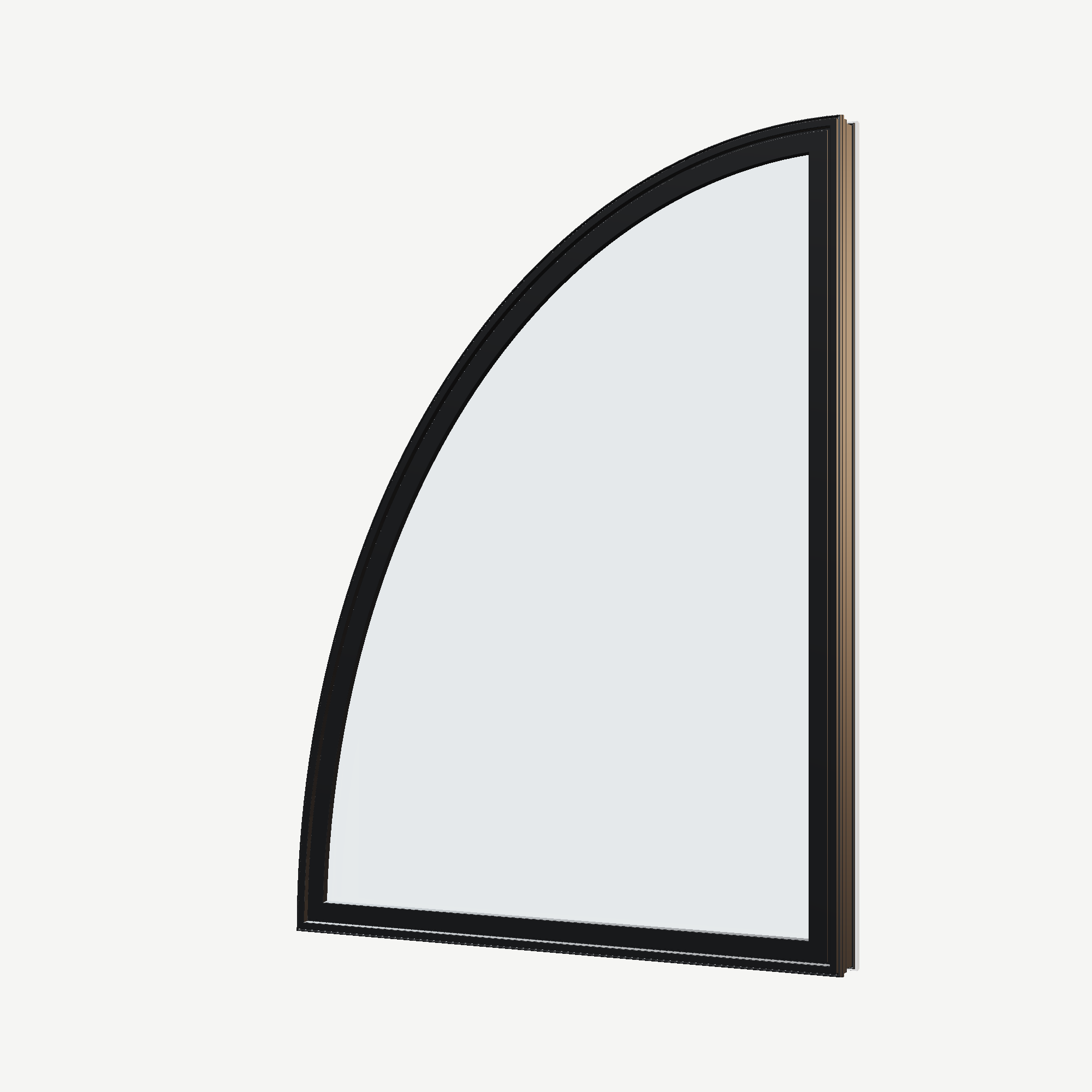 Angled exterior view of the 36 × 48 inch partial ellipse (left), black exterior / white interior, without nailing flange