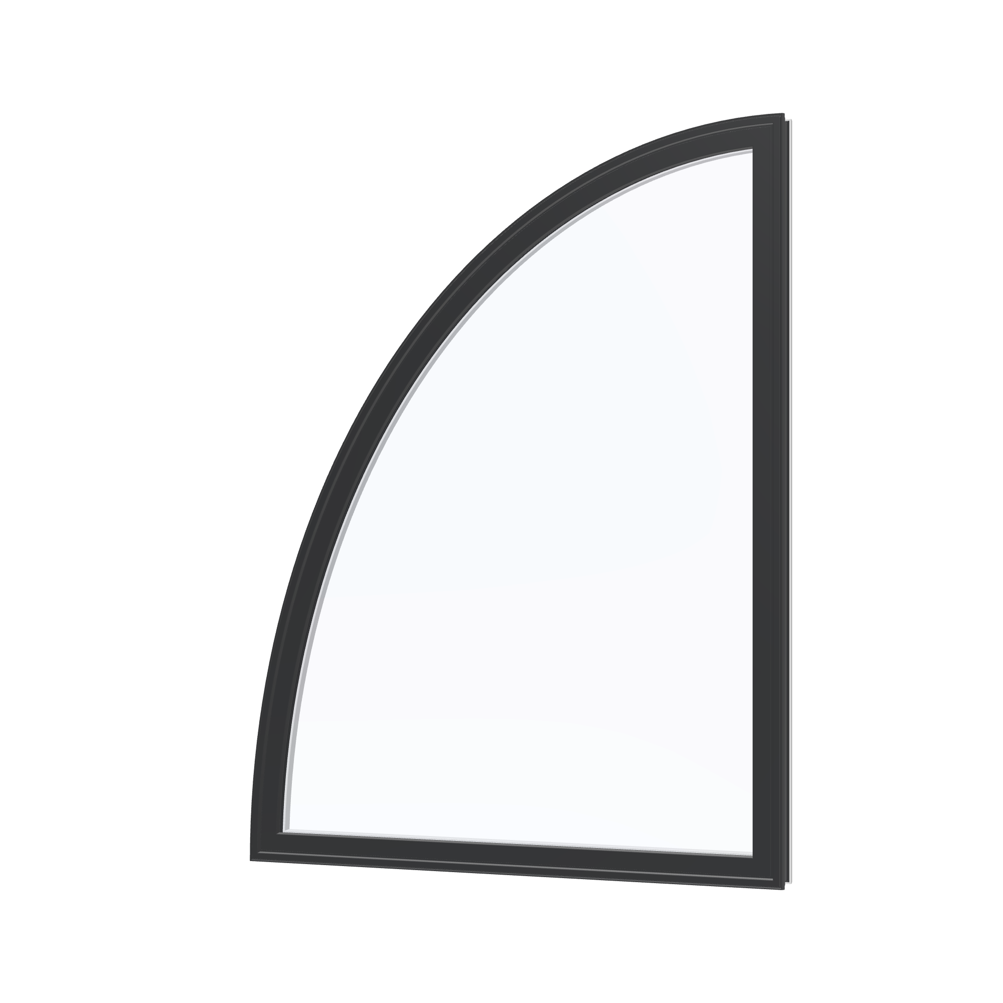 Angled exterior view of the 36 × 48 inch partial ellipse (left), black exterior / white interior, without nailing flange