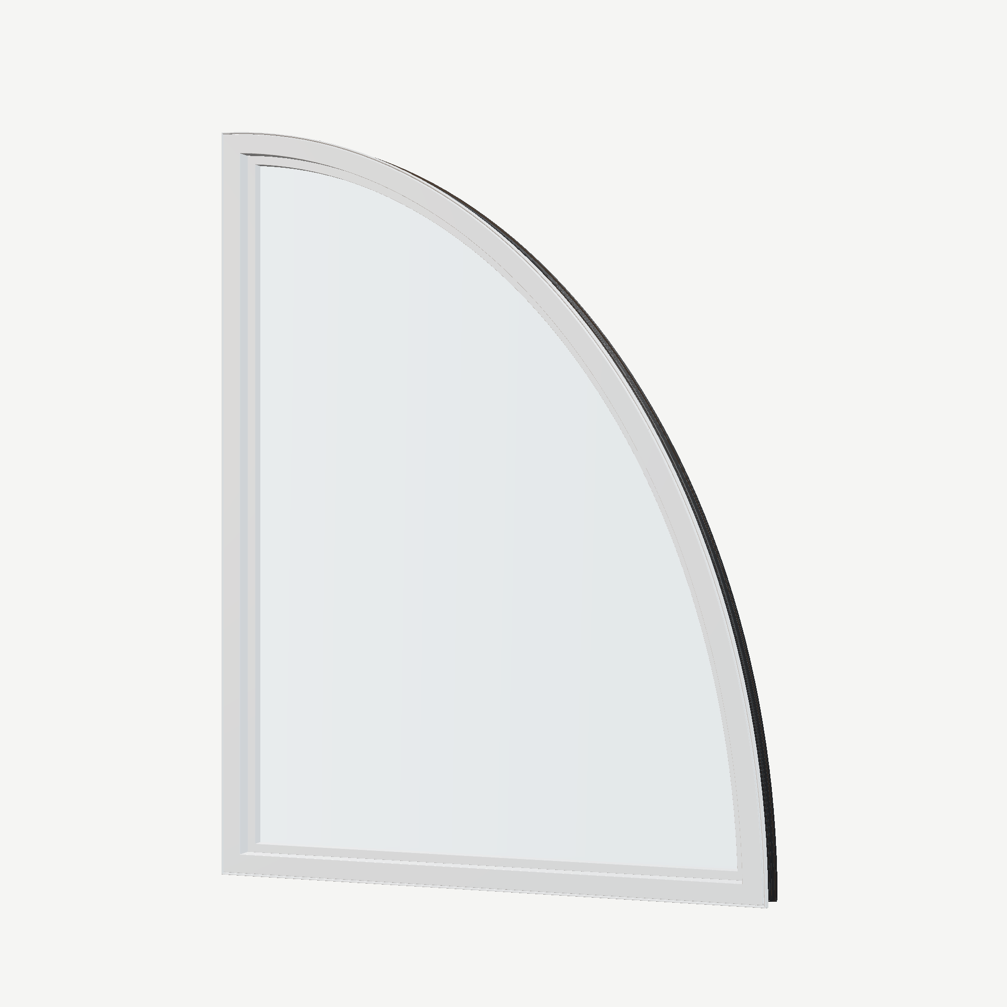 Angled interior view of the 36 × 48 inch partial ellipse (left), black exterior / white interior, without nailing flange