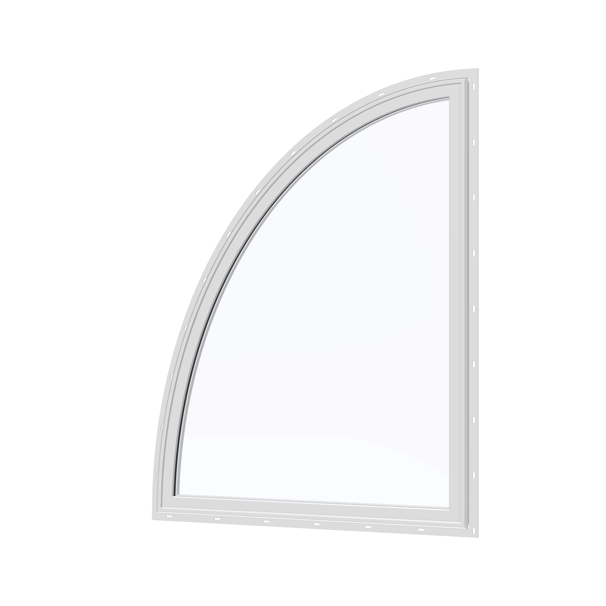Angled exterior view of the 36 × 48 inch partial ellipse (left), white exterior / white interior, with nailing flange