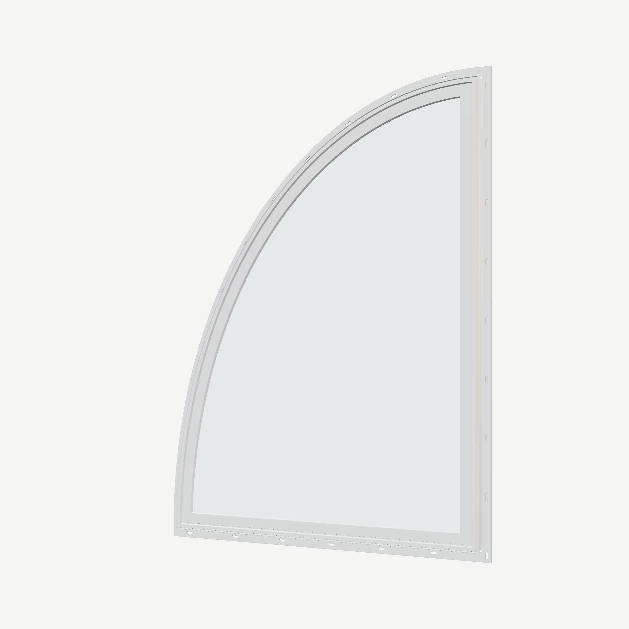 Angled exterior view of the 36 × 48 inch partial ellipse (left), white exterior / white interior, with nailing flange