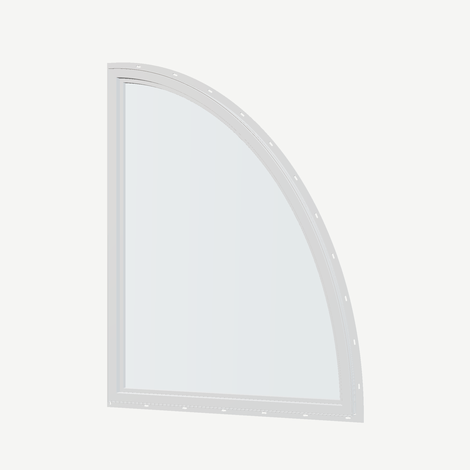 Angled interior view of the 36 × 48 inch partial ellipse (left), white exterior / white interior, with nailing flange