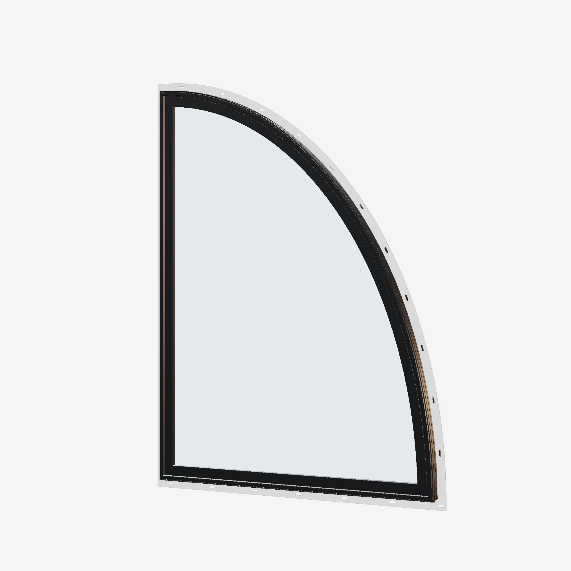 Angled exterior view of the 36 × 48 inch partial ellipse (right), black exterior / black interior, with nailing flange