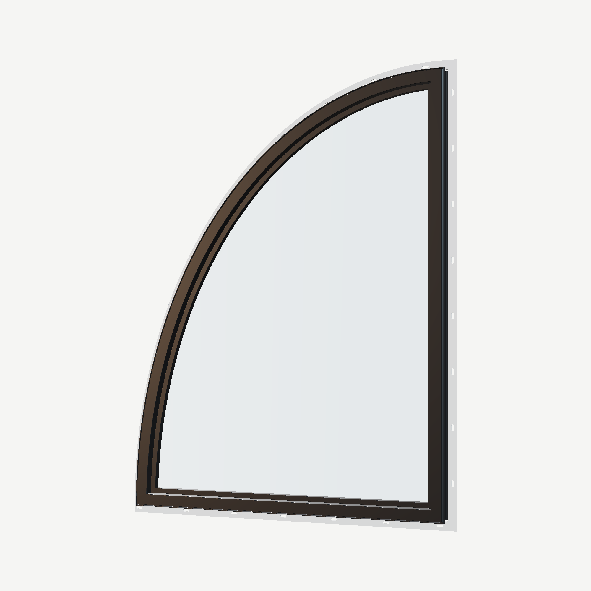 Angled interior view of the 36 × 48 inch partial ellipse (right), black exterior / black interior, with nailing flange