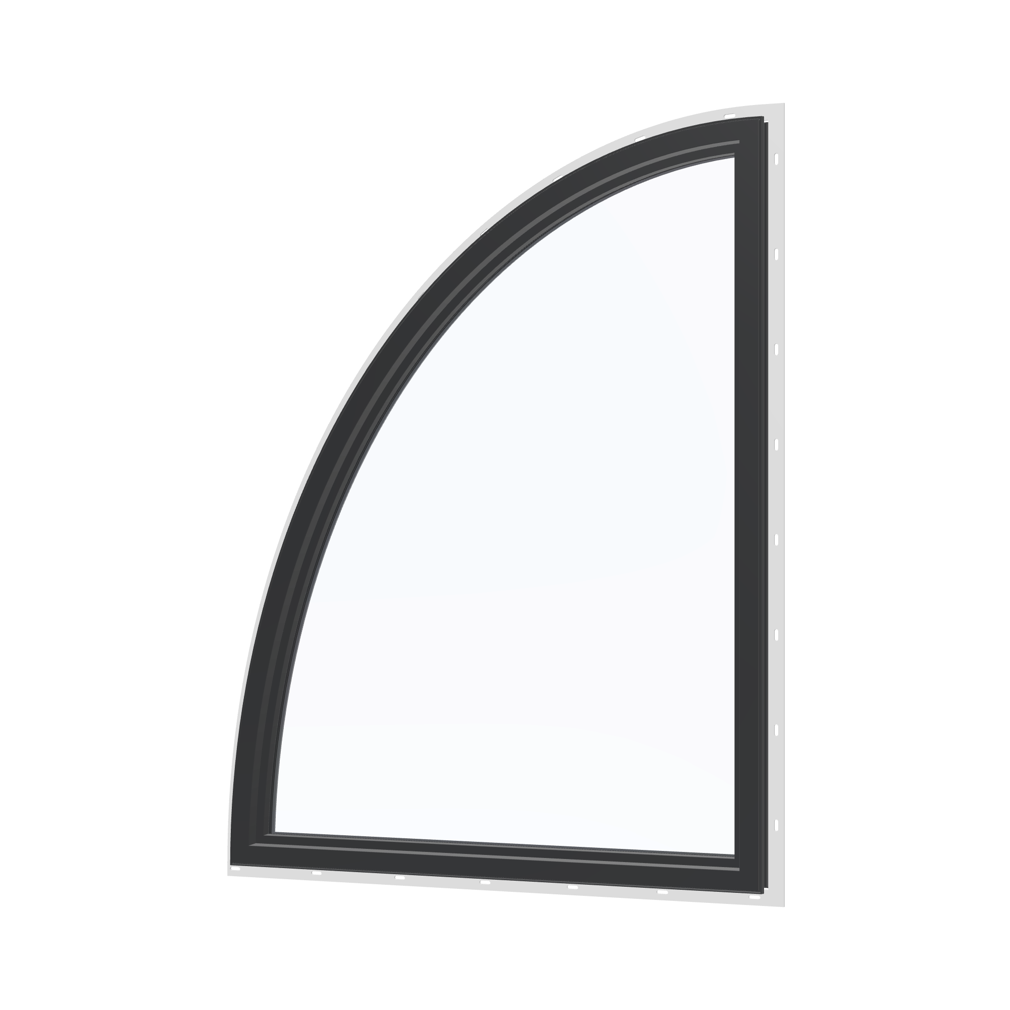 Angled interior view of the 36 × 48 inch partial ellipse (right), black exterior / black interior, with nailing flange