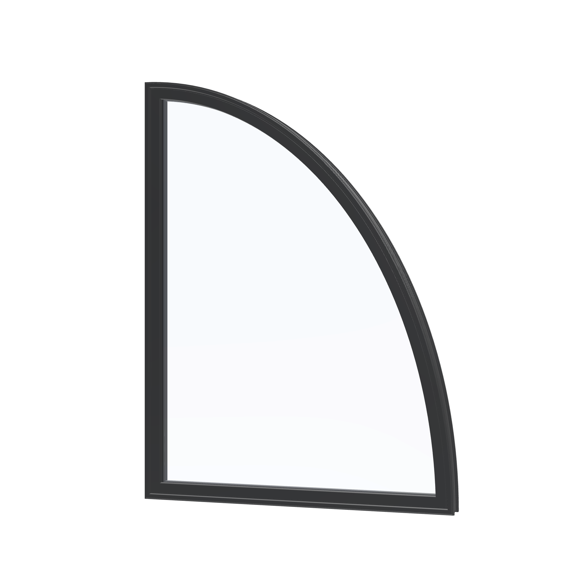 Angled exterior view of the 36 × 48 inch partial ellipse (right), black exterior / black interior, without nailing flange