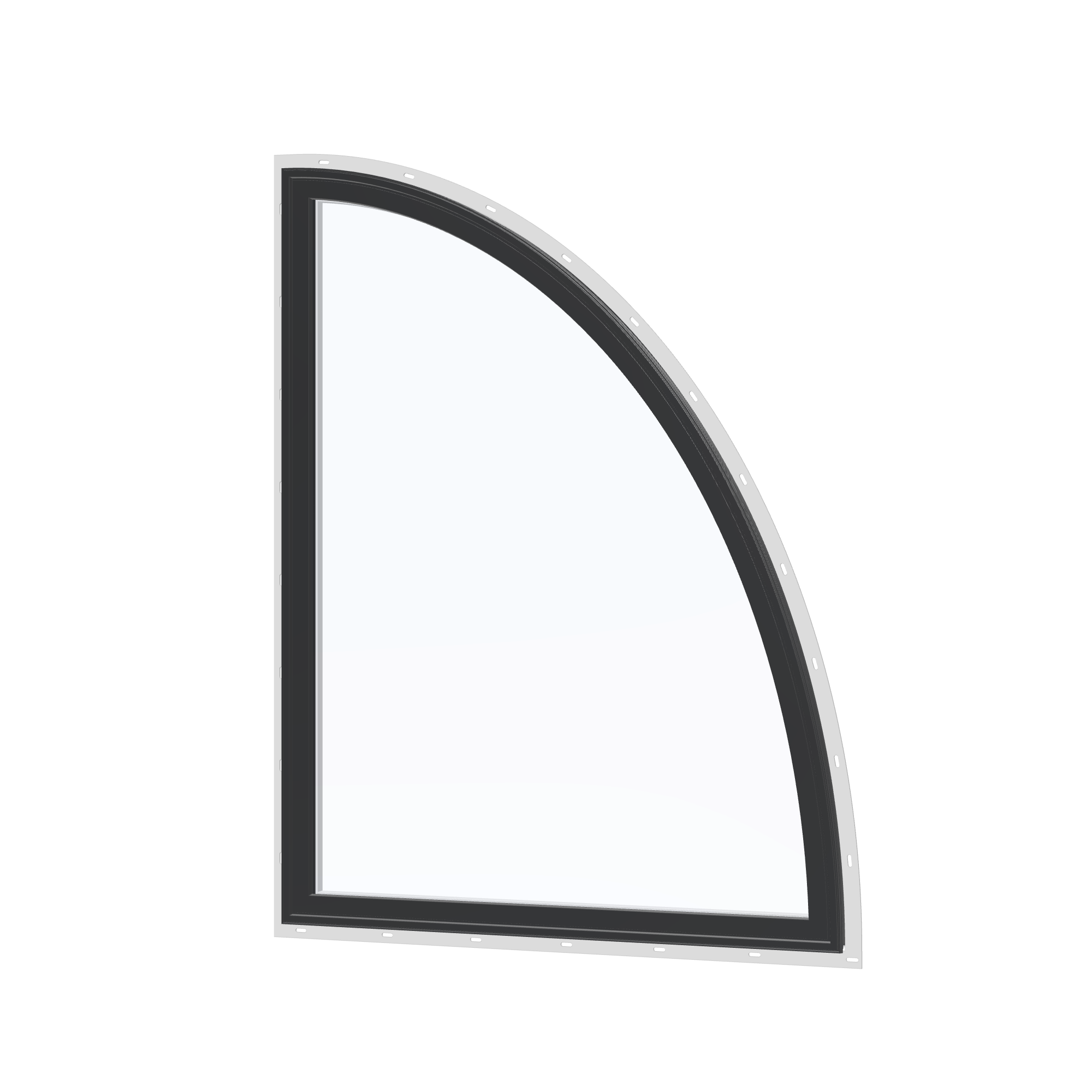 Angled exterior view of the 36 × 48 inch partial ellipse (right), black exterior / white interior, with nailing flange