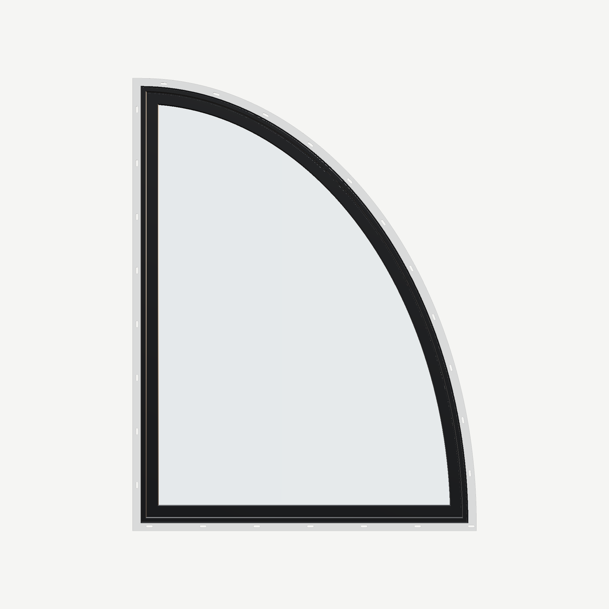 Straight exterior view of the 36 × 48 inch partial ellipse (right), black exterior / white interior, with nailing flange