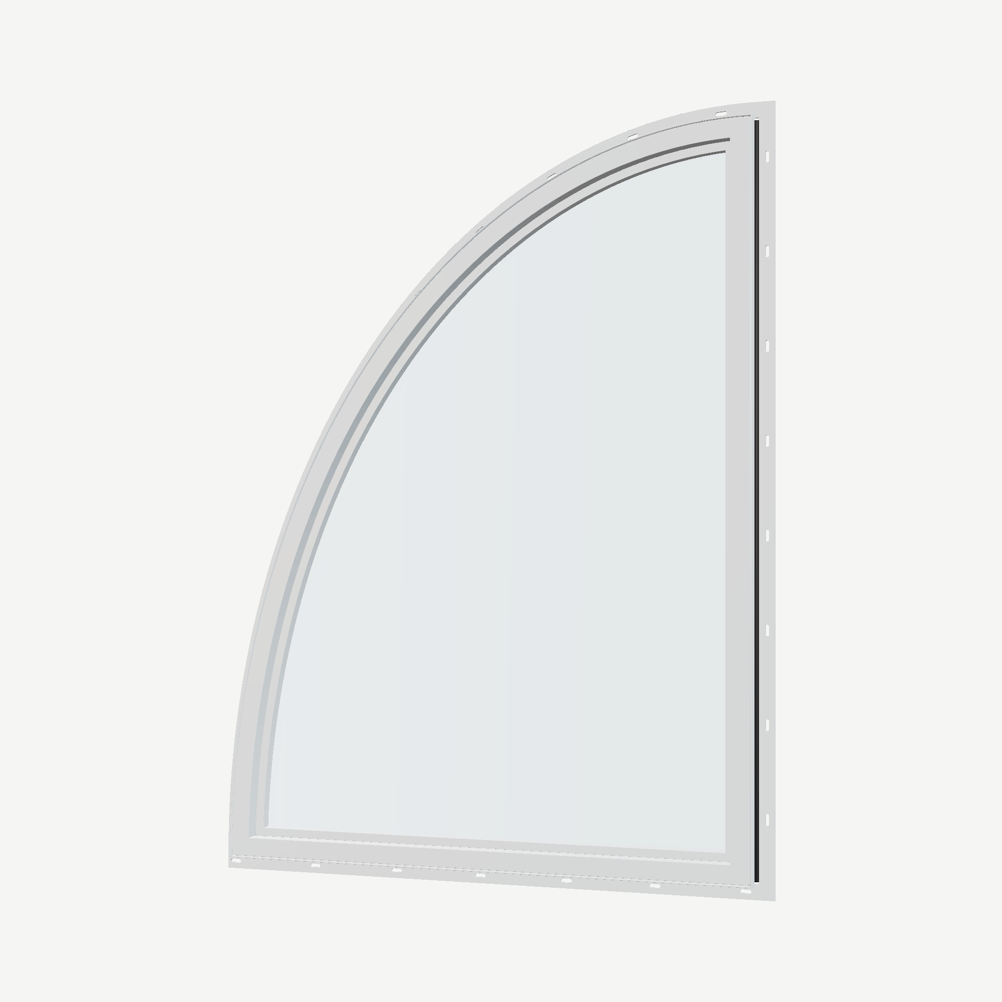 Angled interior view of the 36 × 48 inch partial ellipse (right), black exterior / white interior, with nailing flange