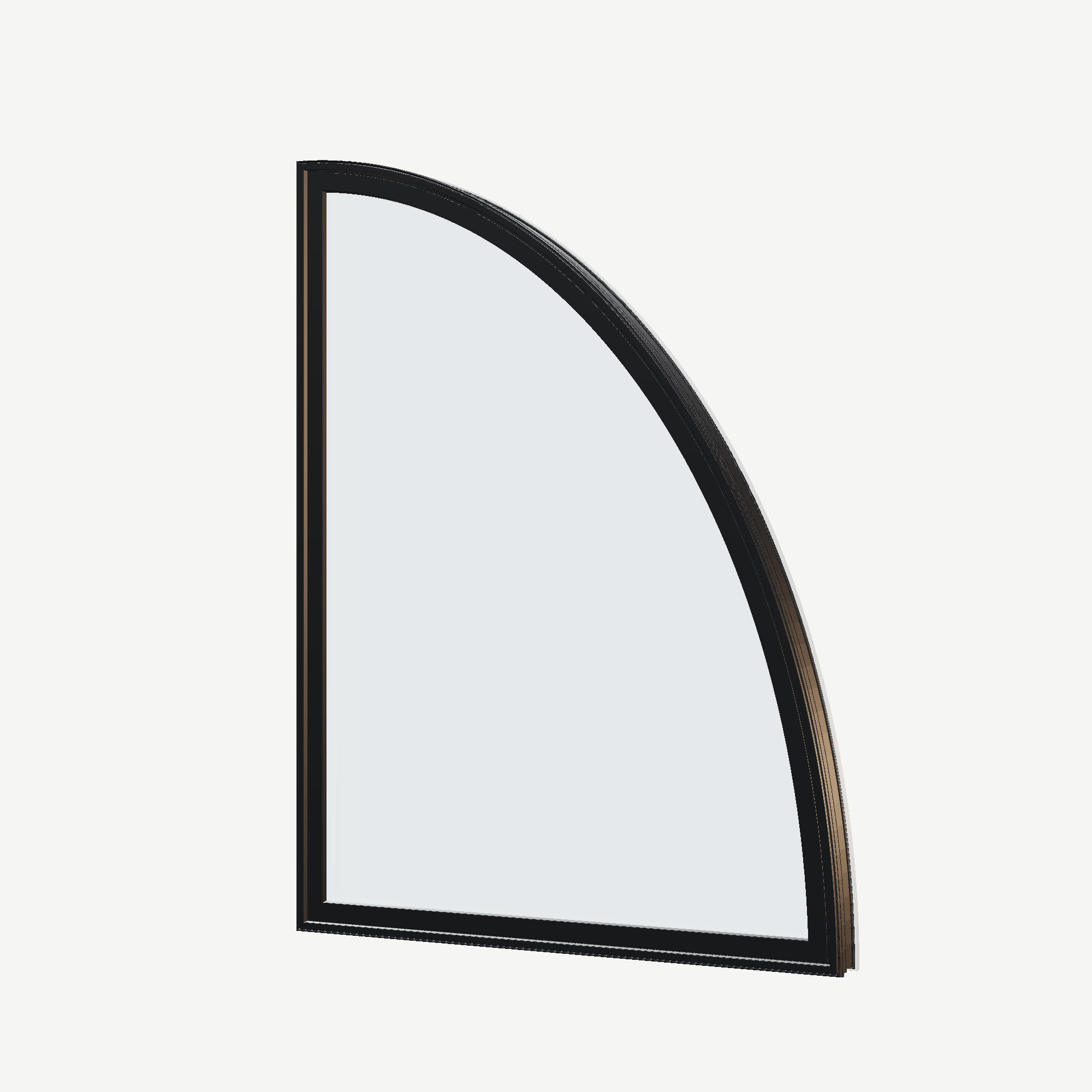 Angled exterior view of the 36 × 48 inch partial ellipse (right), black exterior / white interior, without nailing flange