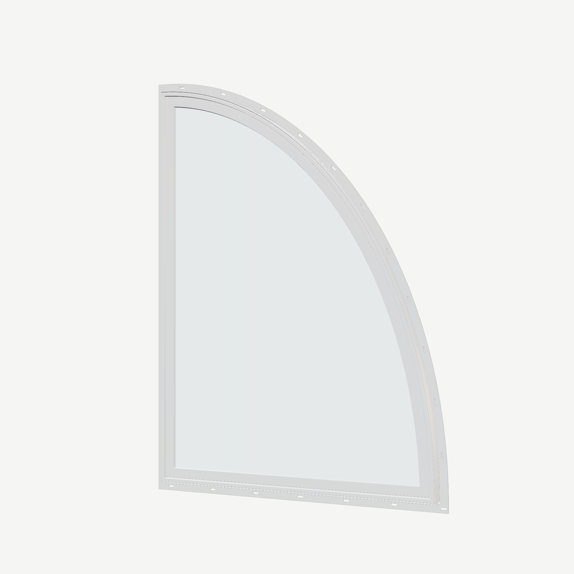 Angled exterior view of the 36 × 48 inch partial ellipse (right), white exterior / white interior, with nailing flange