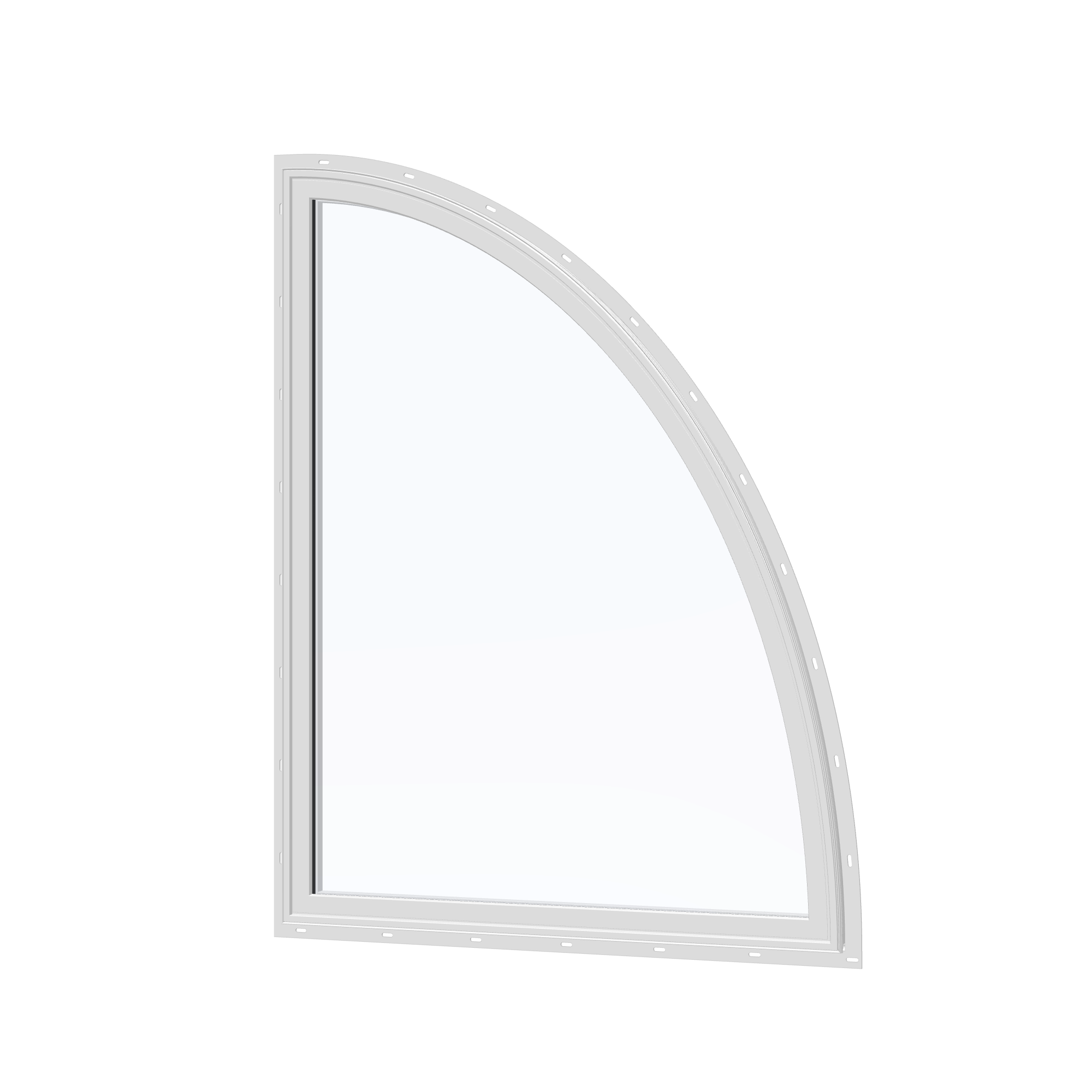 Angled exterior view of the 36 × 48 inch partial ellipse (right), white exterior / white interior, with nailing flange