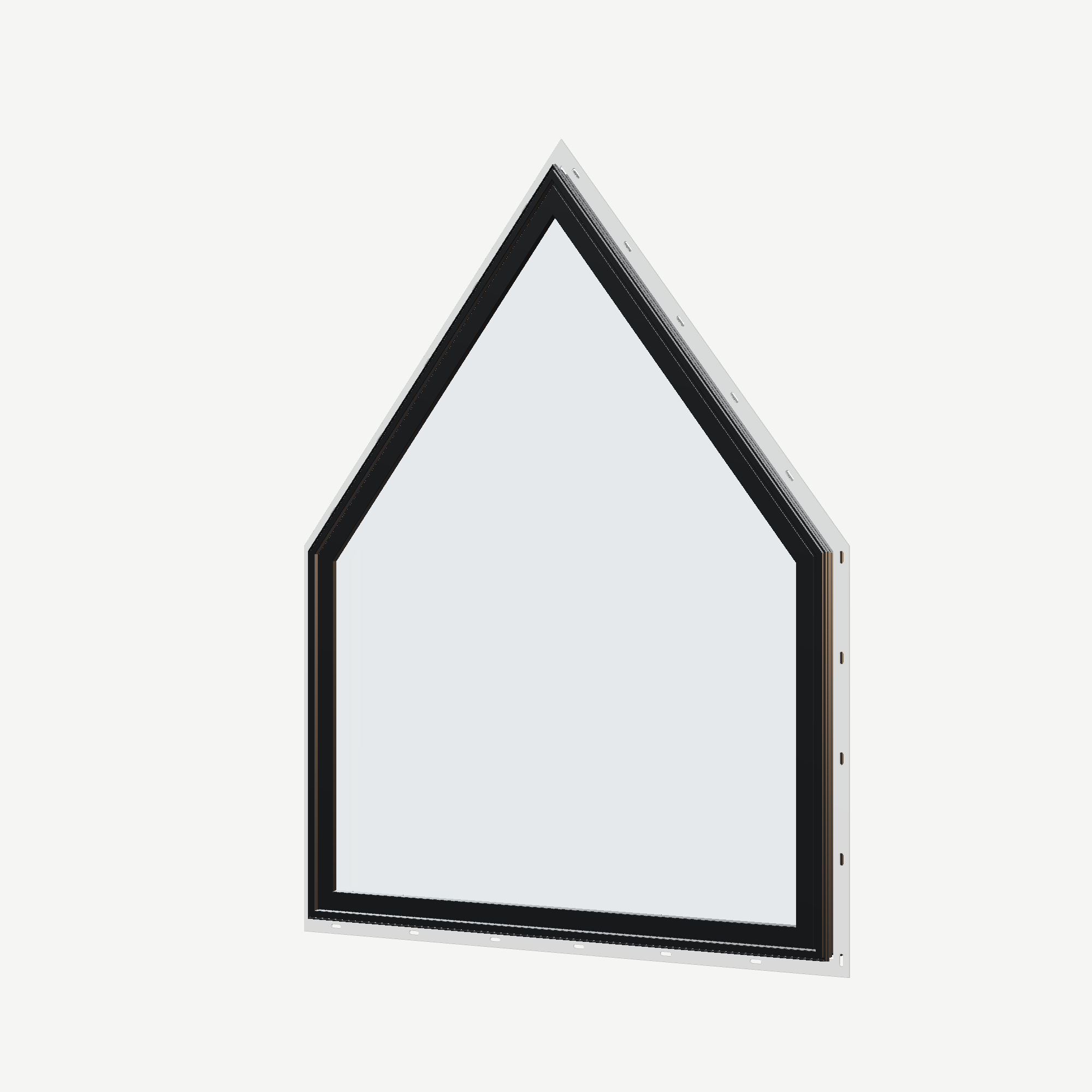 Angled exterior view of the 36 × 48 inch pentagon, black exterior / black interior, with nailing flange