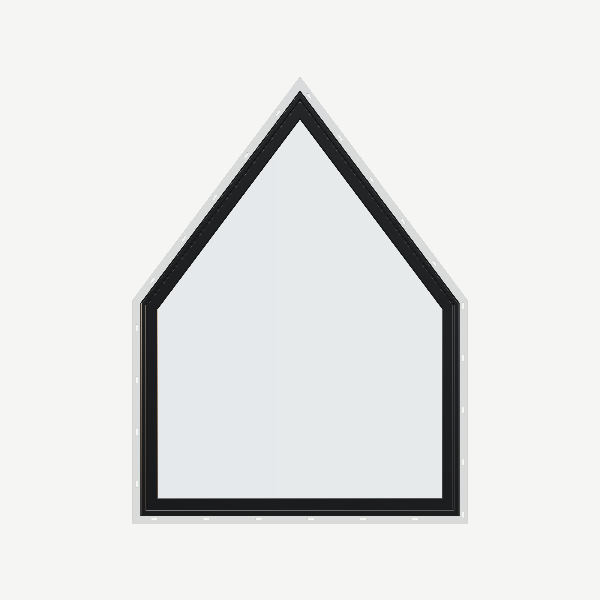 Straight exterior view of the 36 × 48 inch pentagon, black exterior / white interior, with nailing flange
