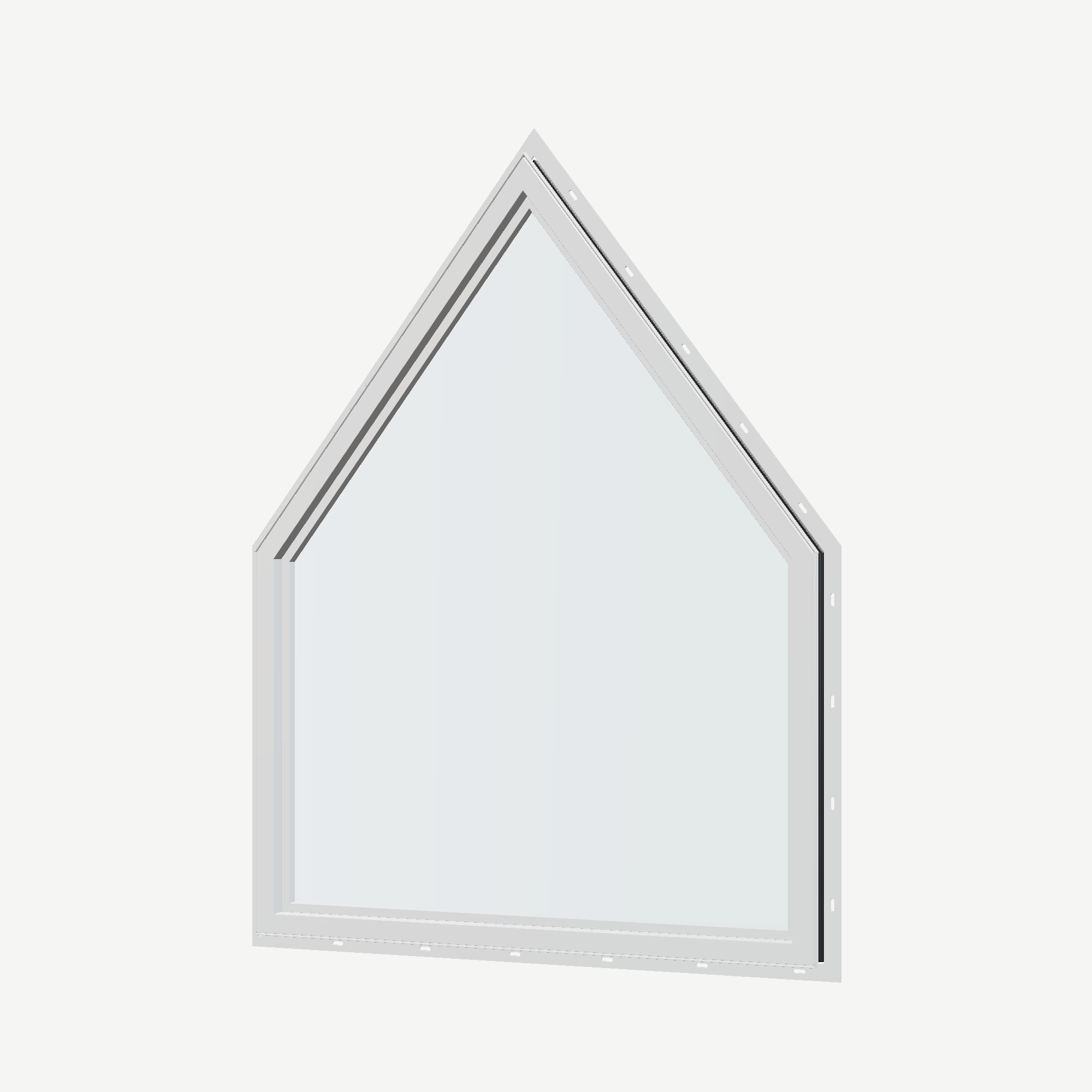 Angled interior view of the 36 × 48 inch pentagon, black exterior / white interior, with nailing flange