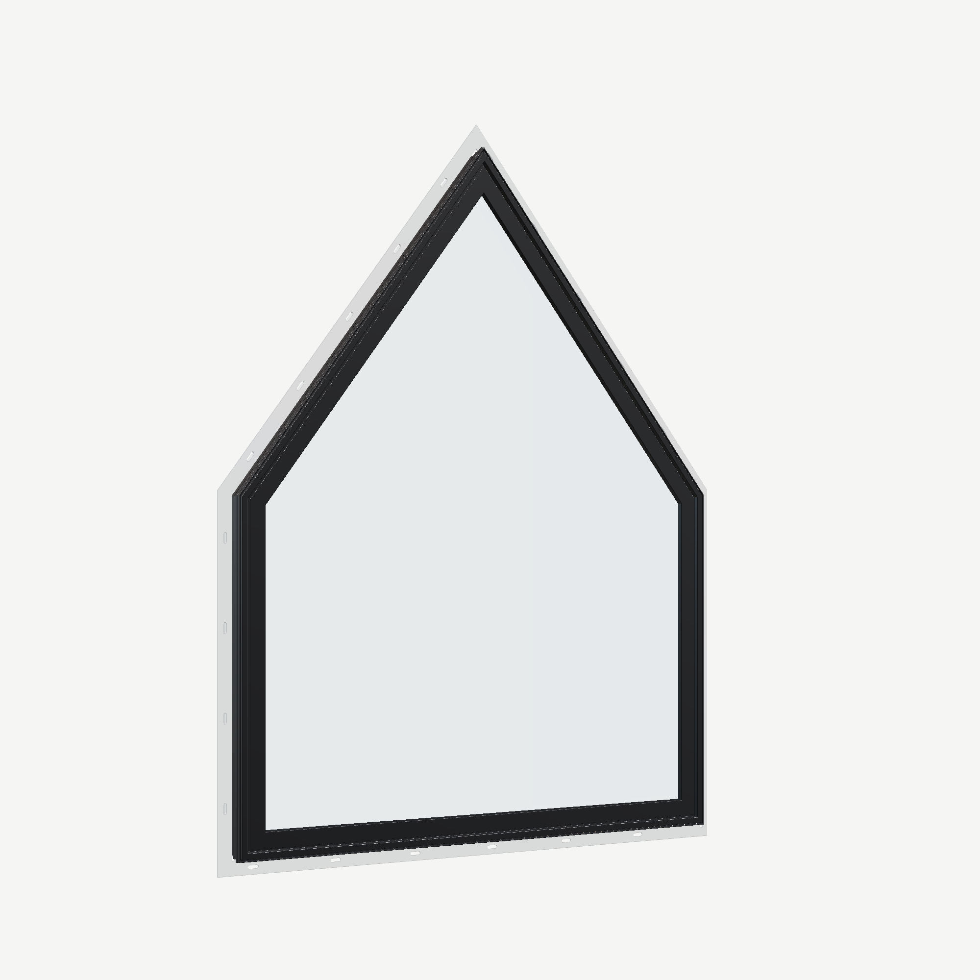 Opposite exterior angle of the 36 × 48 inch pentagon, black exterior / white interior, with nailing flange