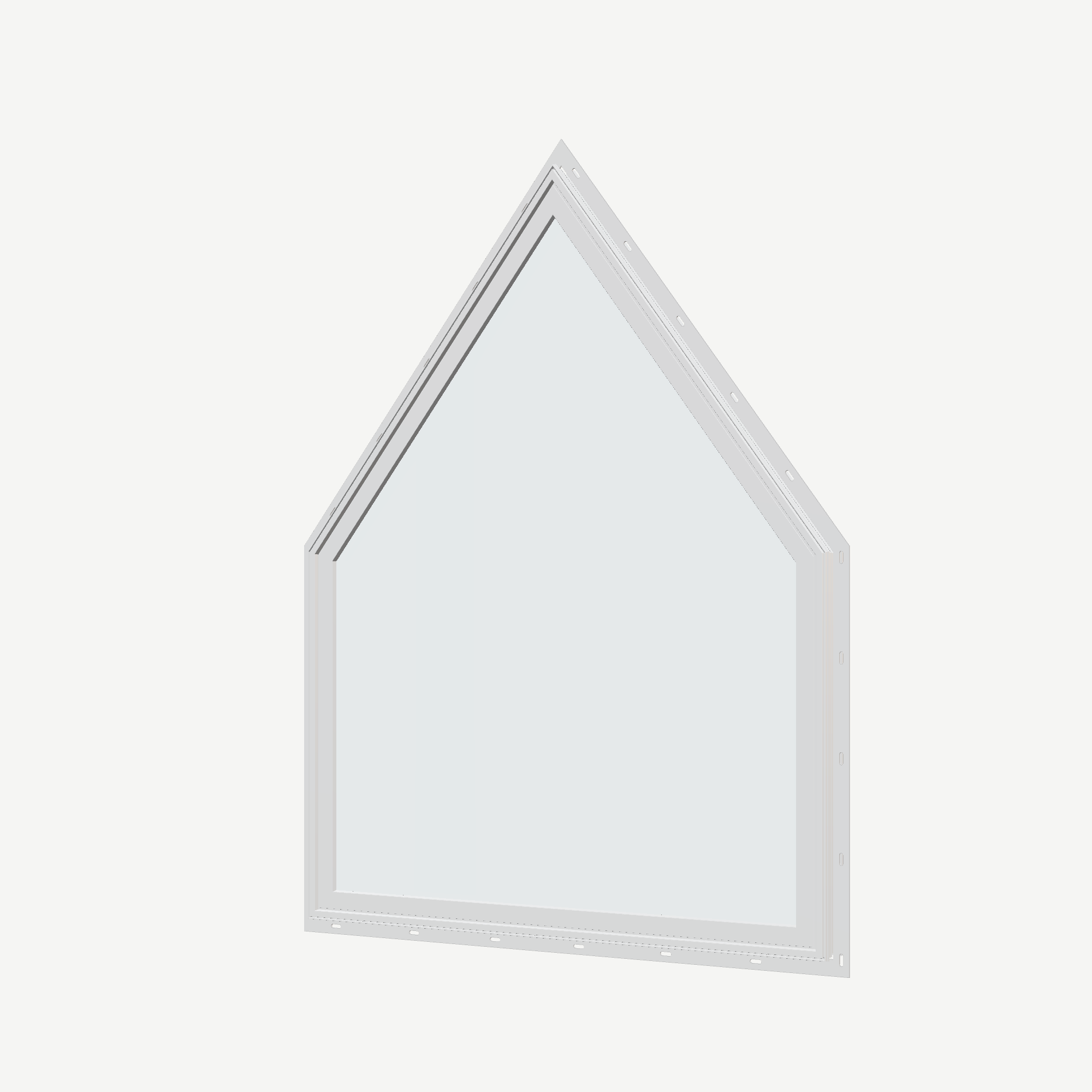 Angled exterior view of the 36 × 48 inch pentagon, white exterior / white interior, with nailing flange