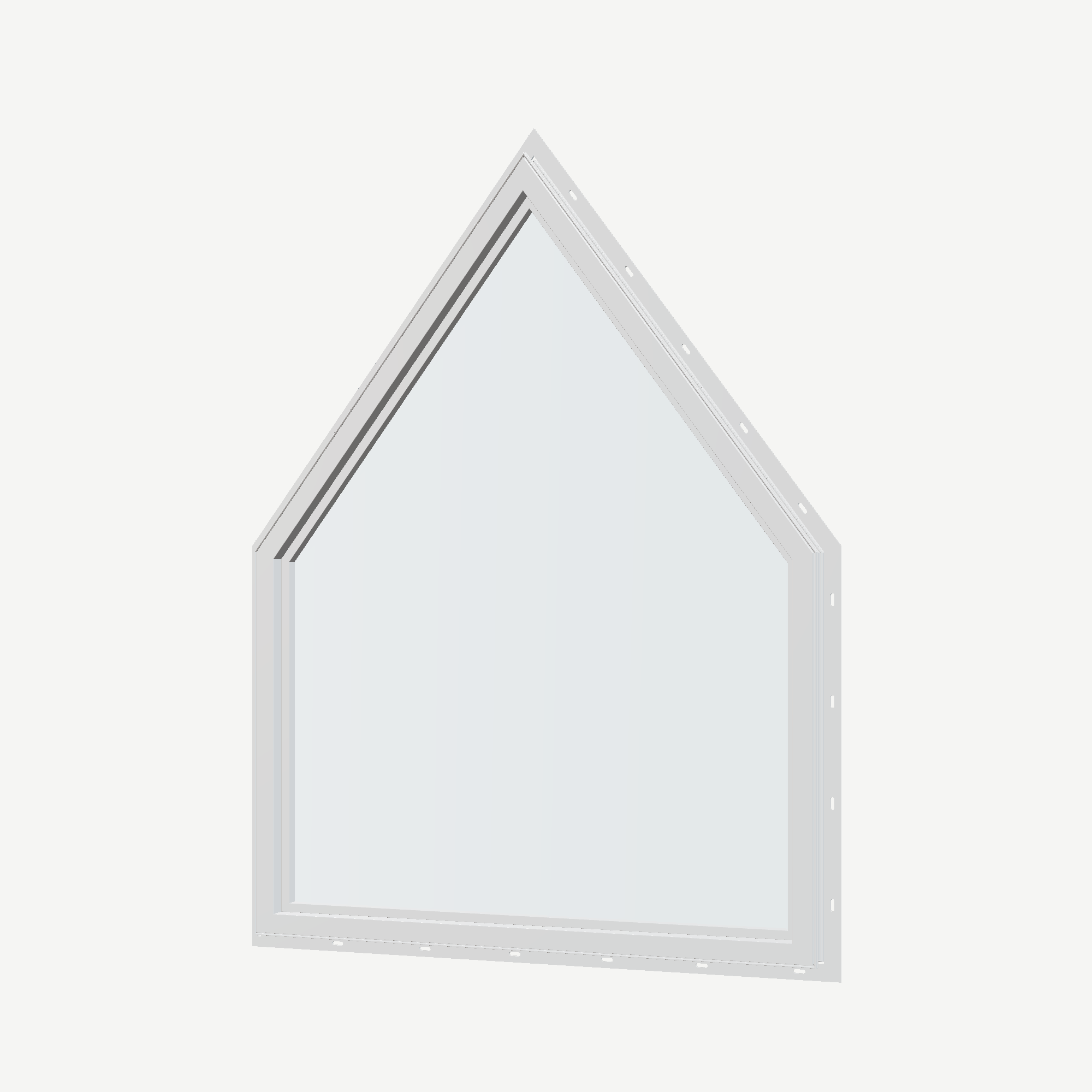 Angled interior view of the 36 × 48 inch pentagon, white exterior / white interior, with nailing flange