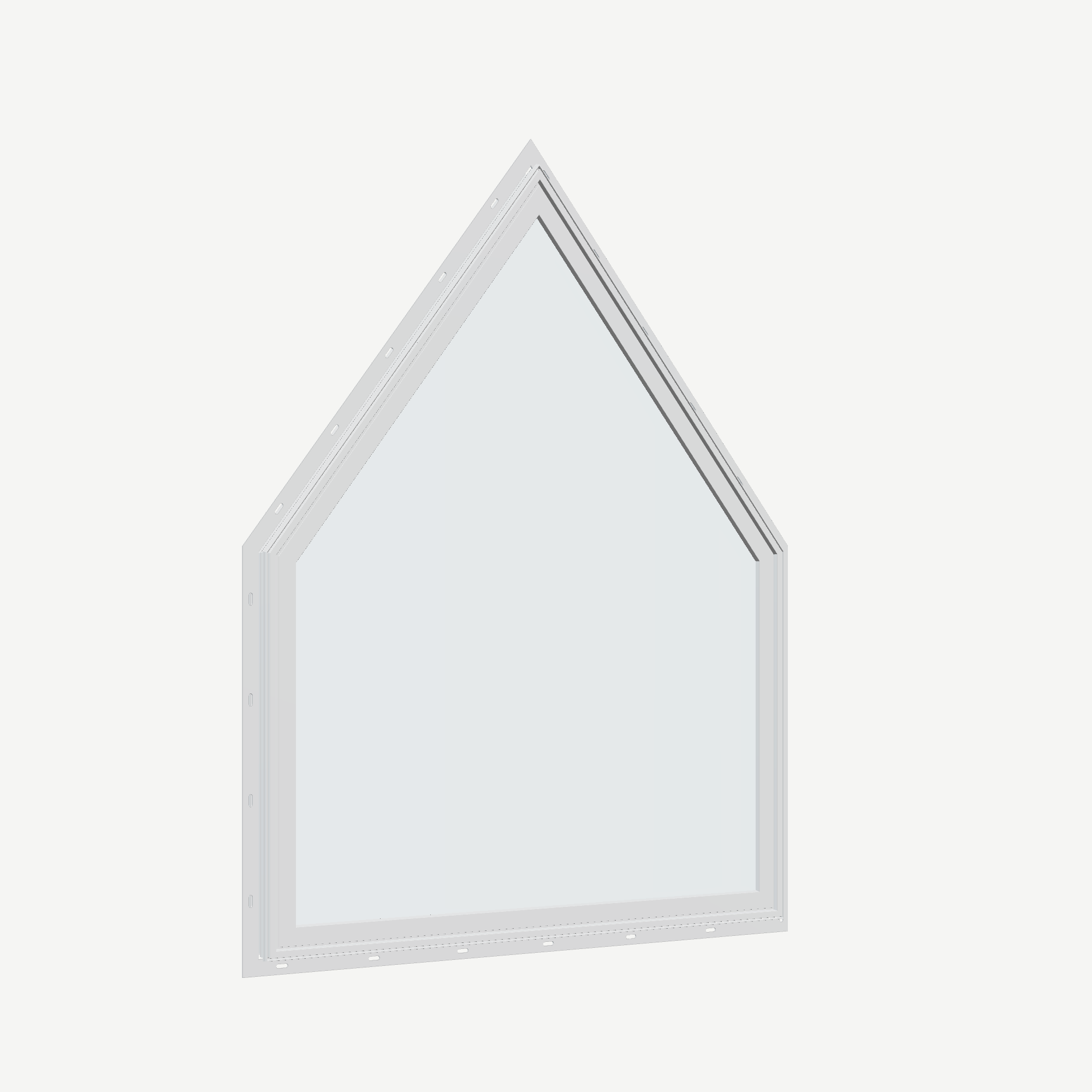 Opposite exterior angle of the 36 × 48 inch pentagon, white exterior / white interior, with nailing flange