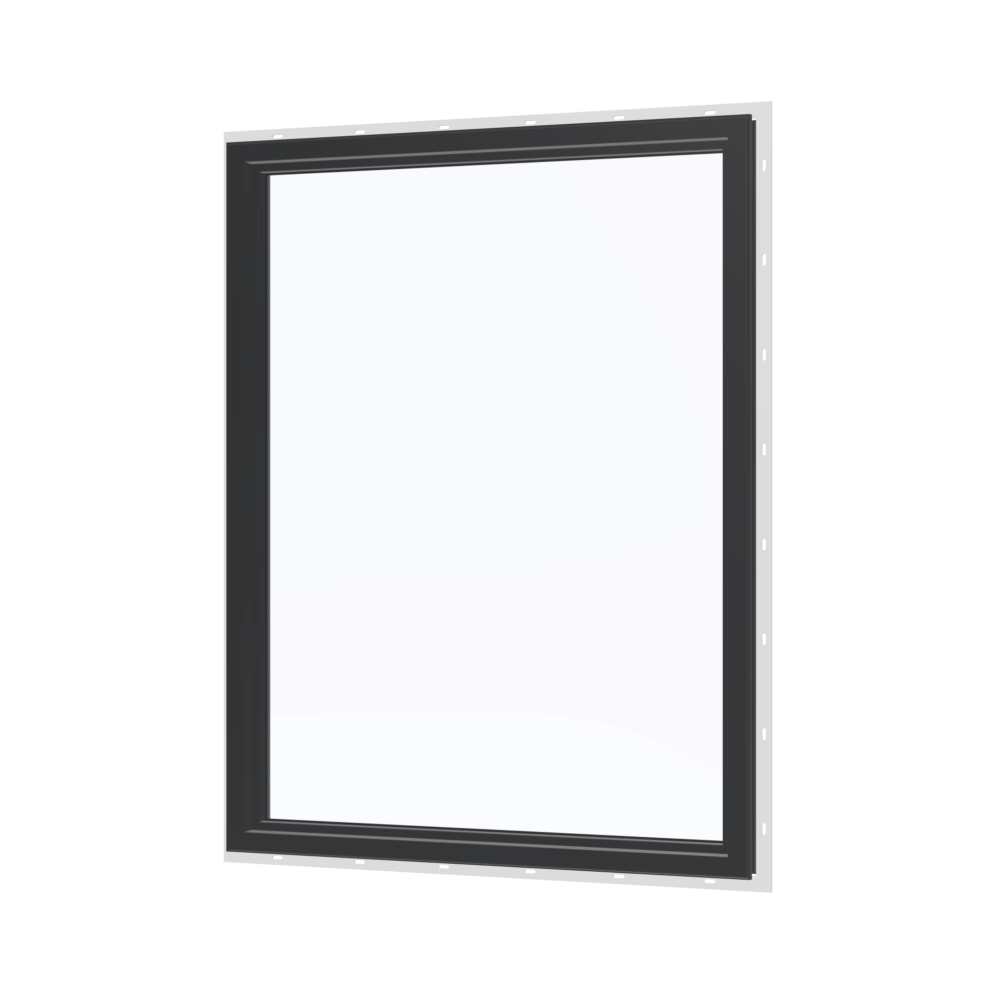 Angled interior view of the 36 × 48 inch picture window, black exterior / black interior, with nailing flange