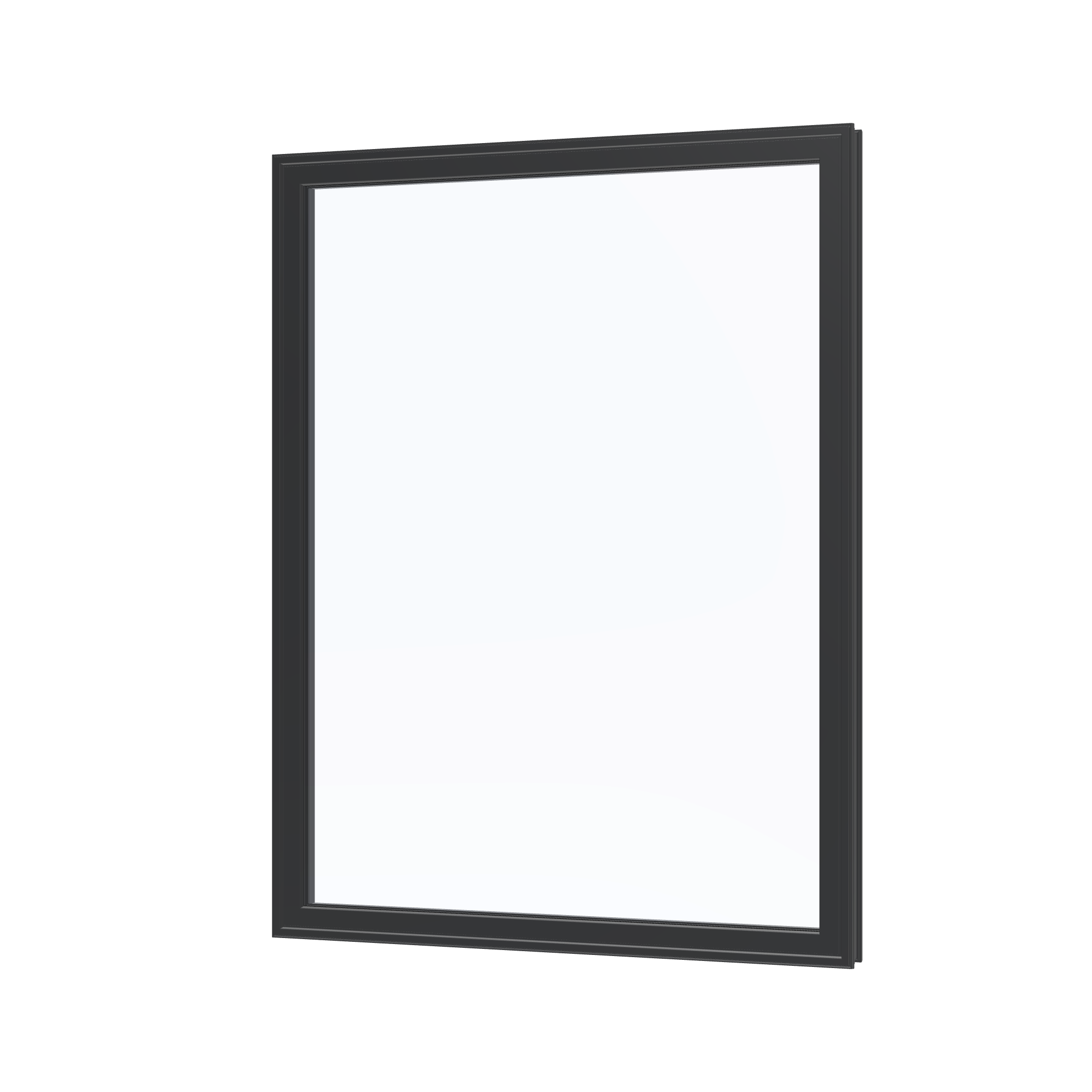 Angled exterior view of the 36 × 48 inch picture window, black exterior / black interior, without nailing flange