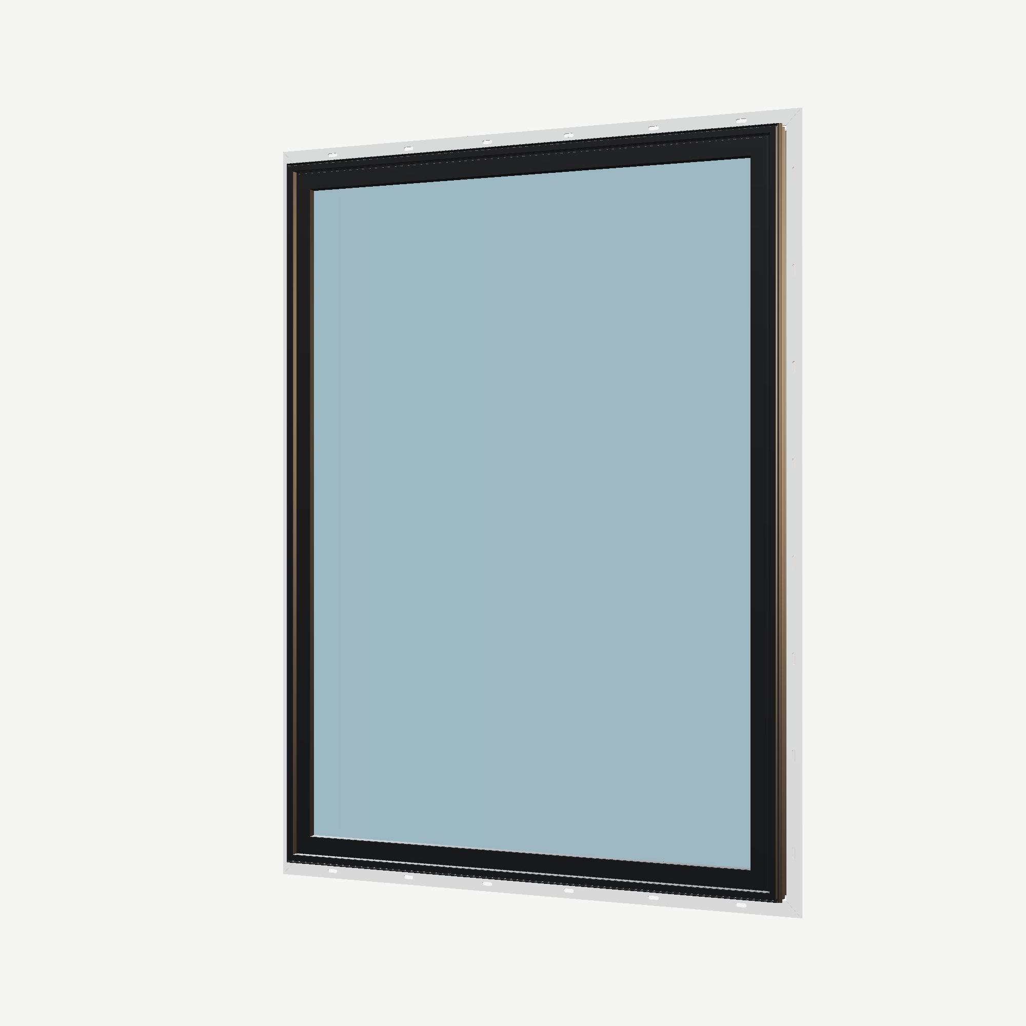 Angled exterior view of the 36 × 48 inch picture window, black exterior / white interior, with nailing flange