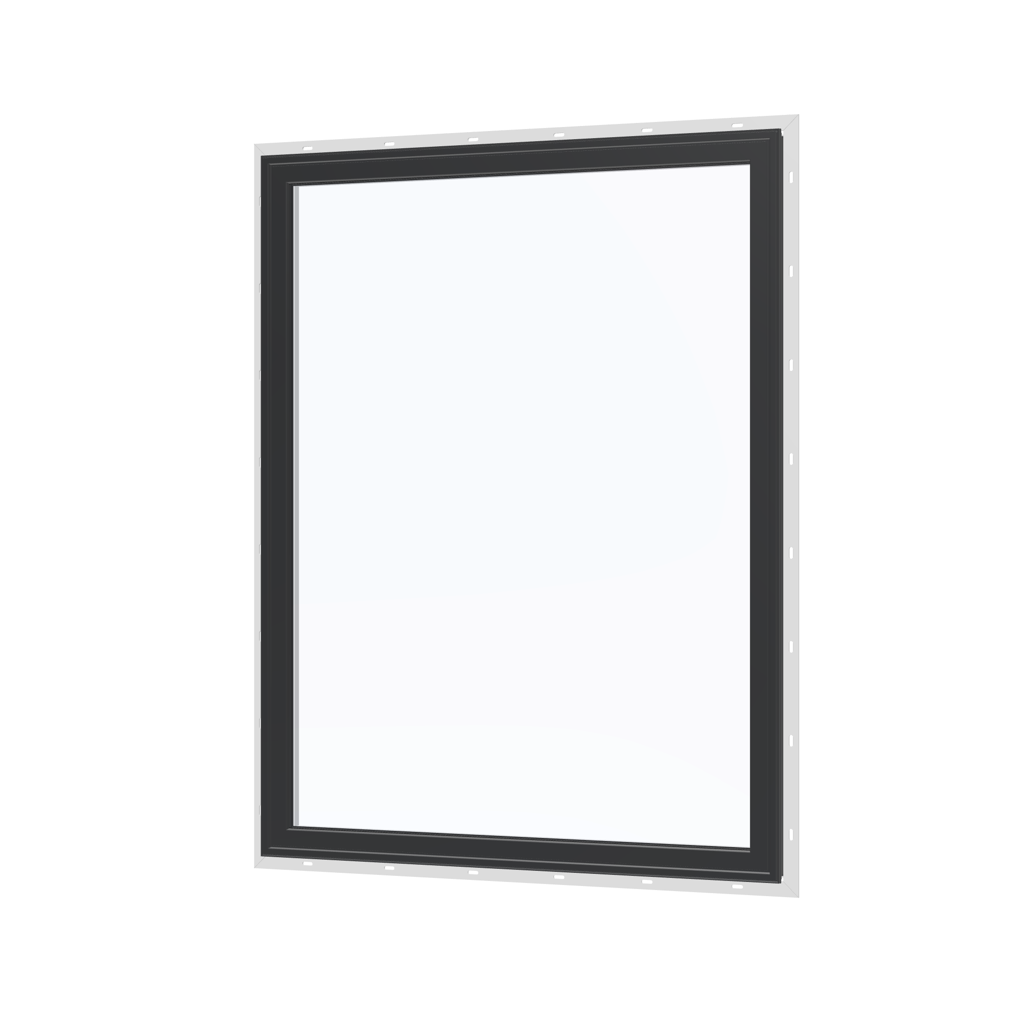 Angled exterior view of the 36 × 48 inch picture window, black exterior / white interior, with nailing flange