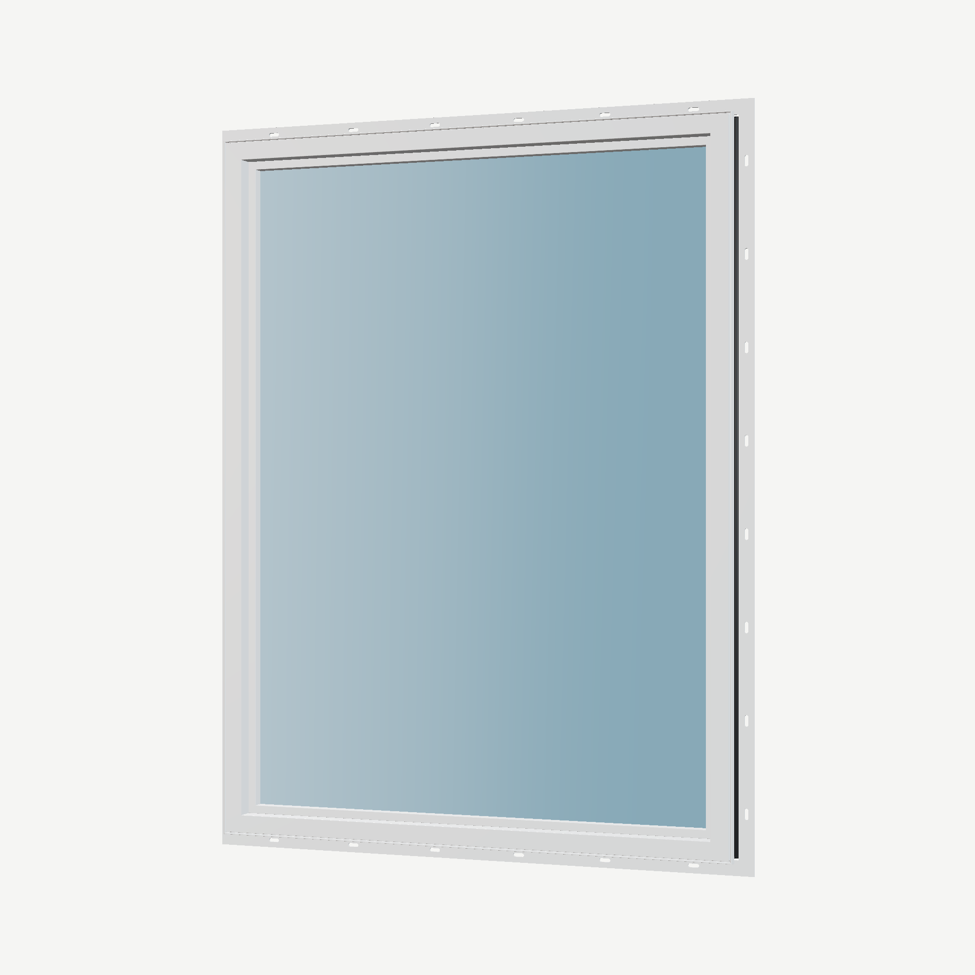 Angled interior view of the 36 × 48 inch picture window, black exterior / white interior, with nailing flange