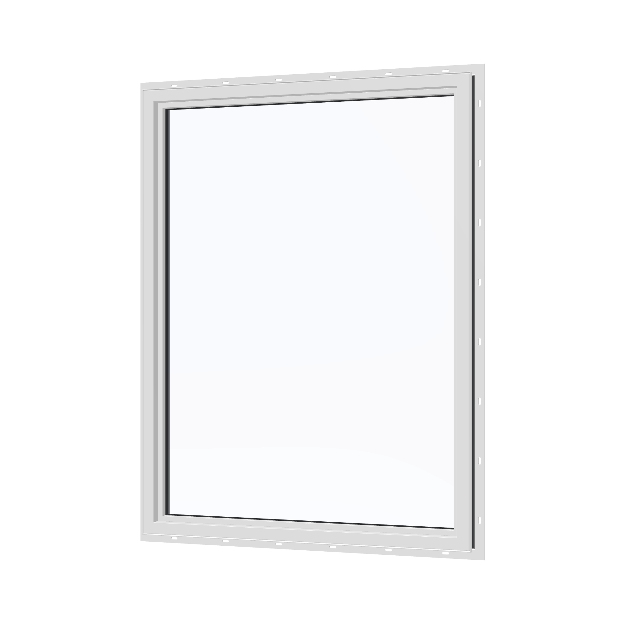 Angled interior view of the 36 × 48 inch picture window, black exterior / white interior, with nailing flange