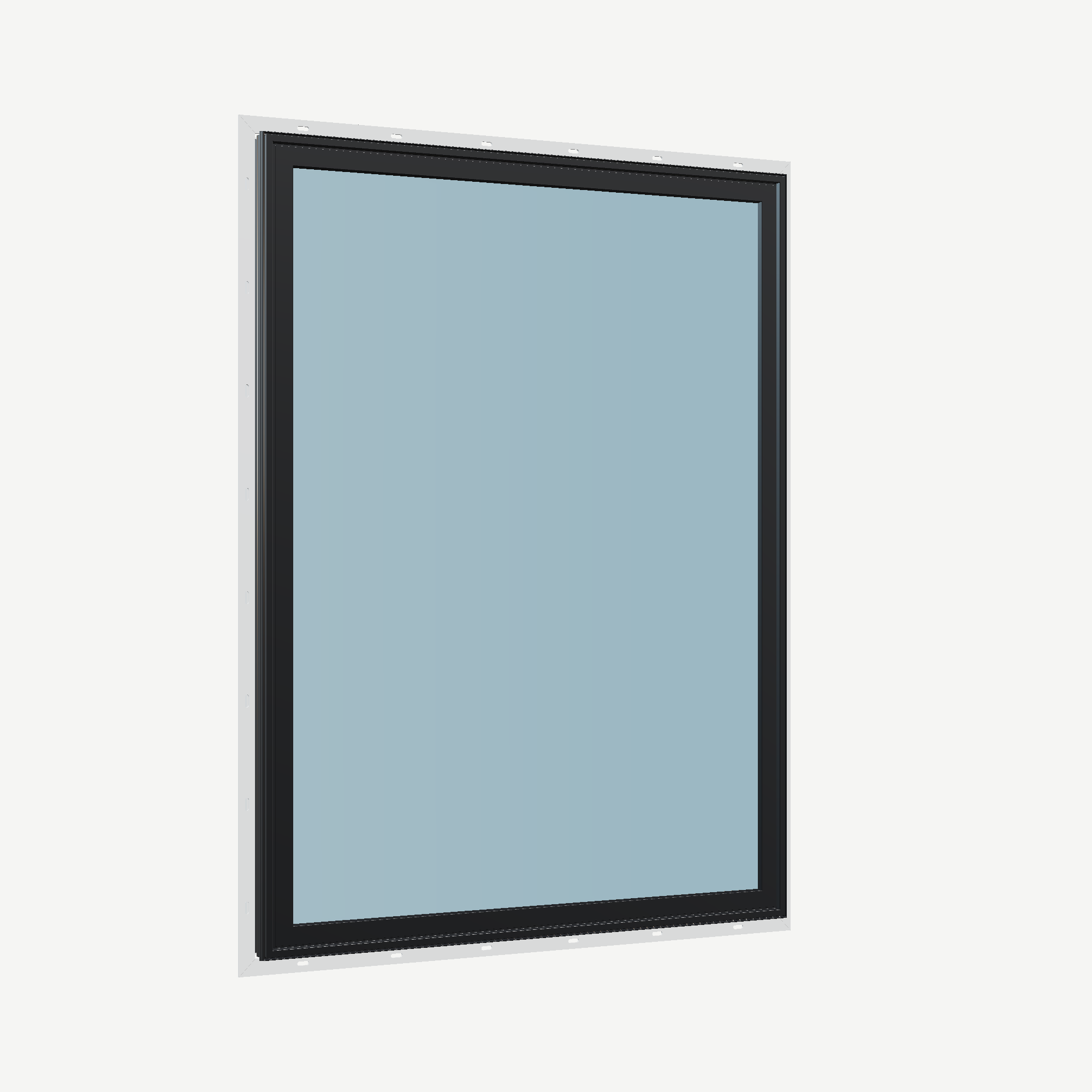 Opposite exterior angle of the 36 × 48 inch picture window, black exterior / white interior, with nailing flange