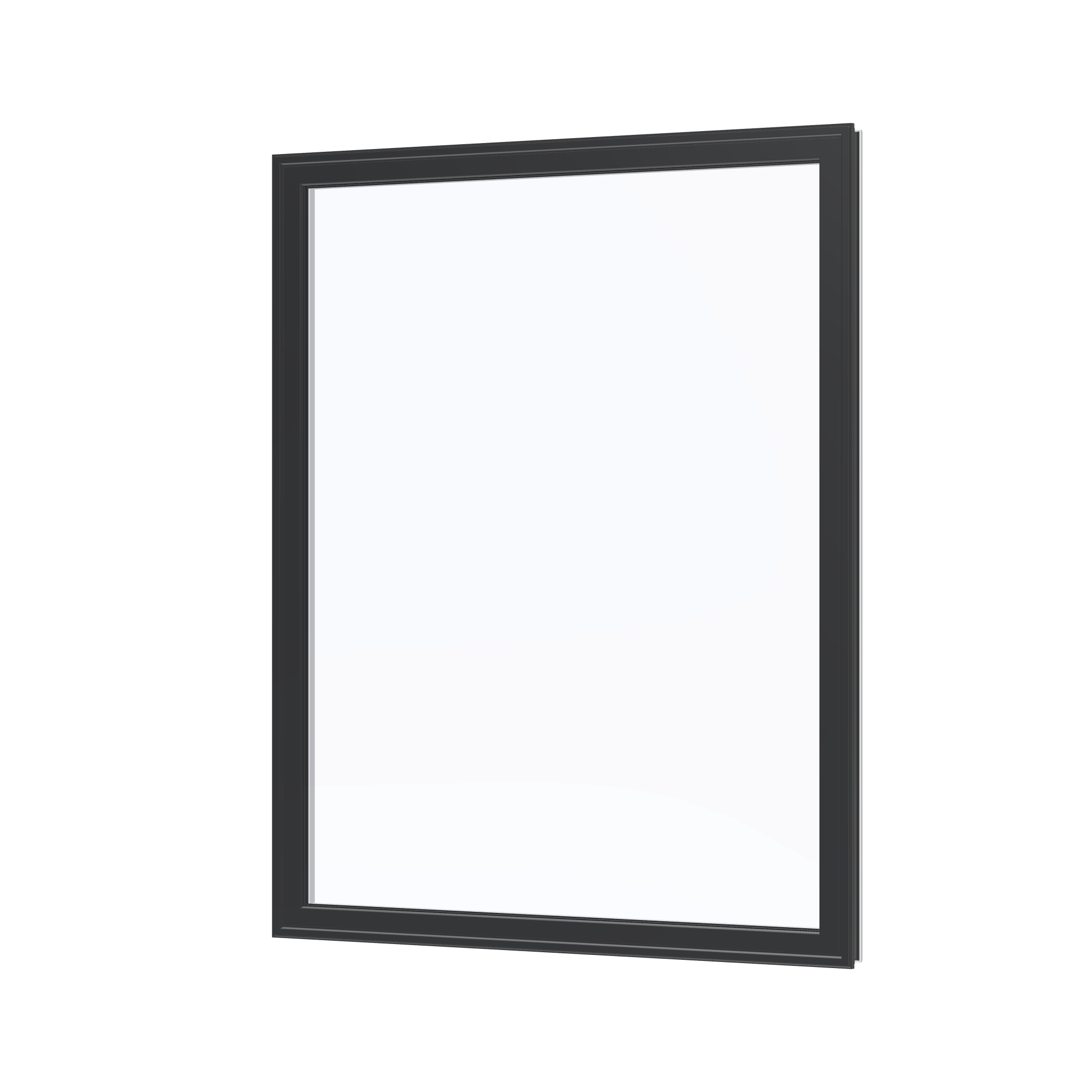 Angled exterior view of the 36 × 48 inch picture window, black exterior / white interior, without nailing flange